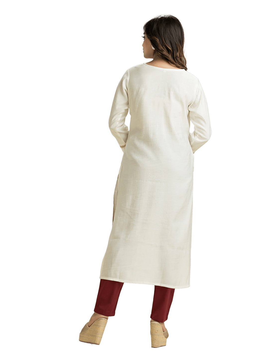 Women's White Pintuck Lacework Vertican Silk Kurti