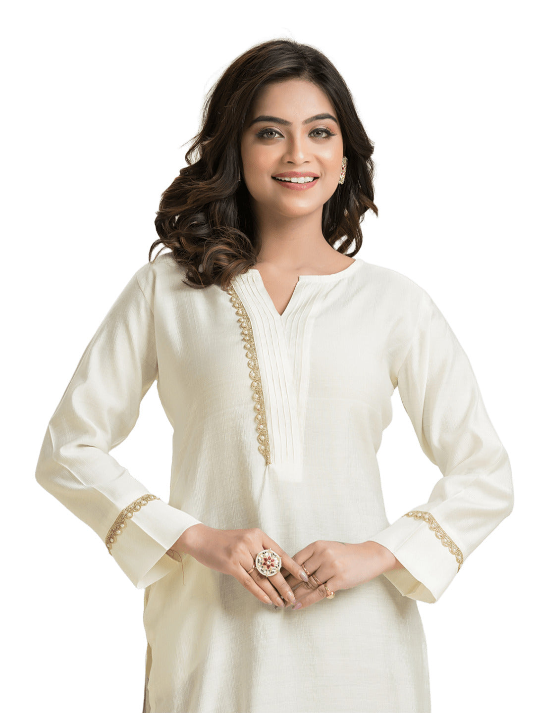 Women's White Pintuck Lacework Vertican Silk Kurti