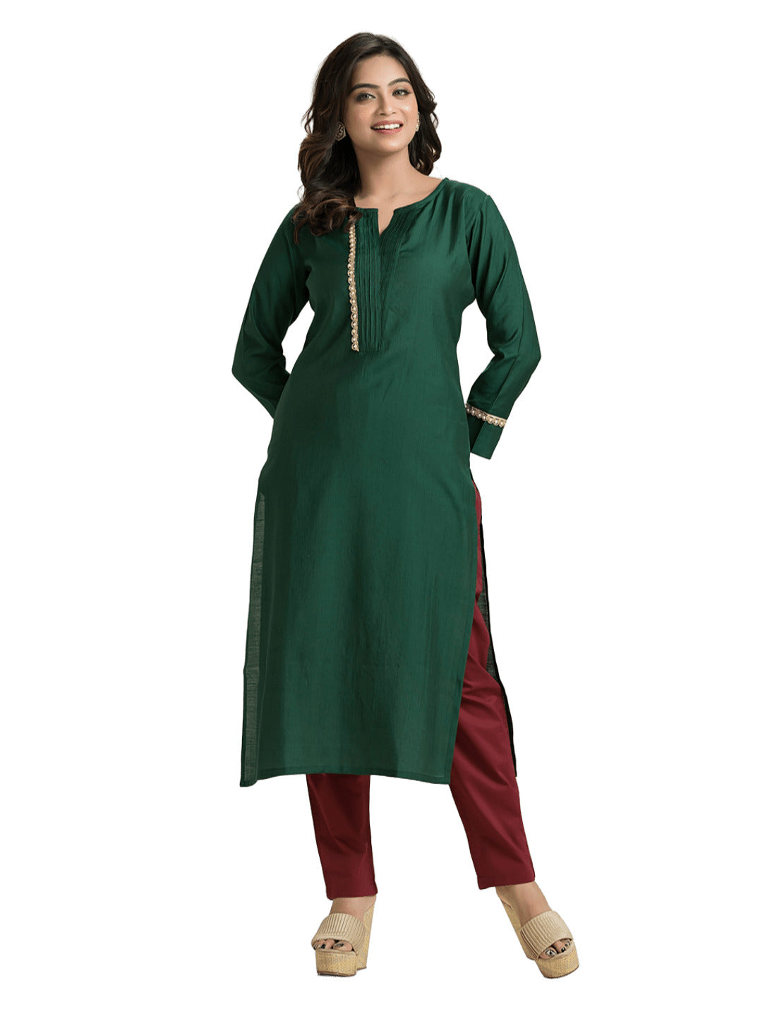 Women's Bottle Green Pintuck Lacework Vertican Silk Kurti