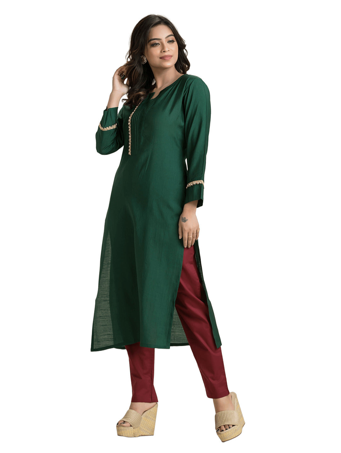 Women's Bottle Green Pintuck Lacework Vertican Silk Kurti