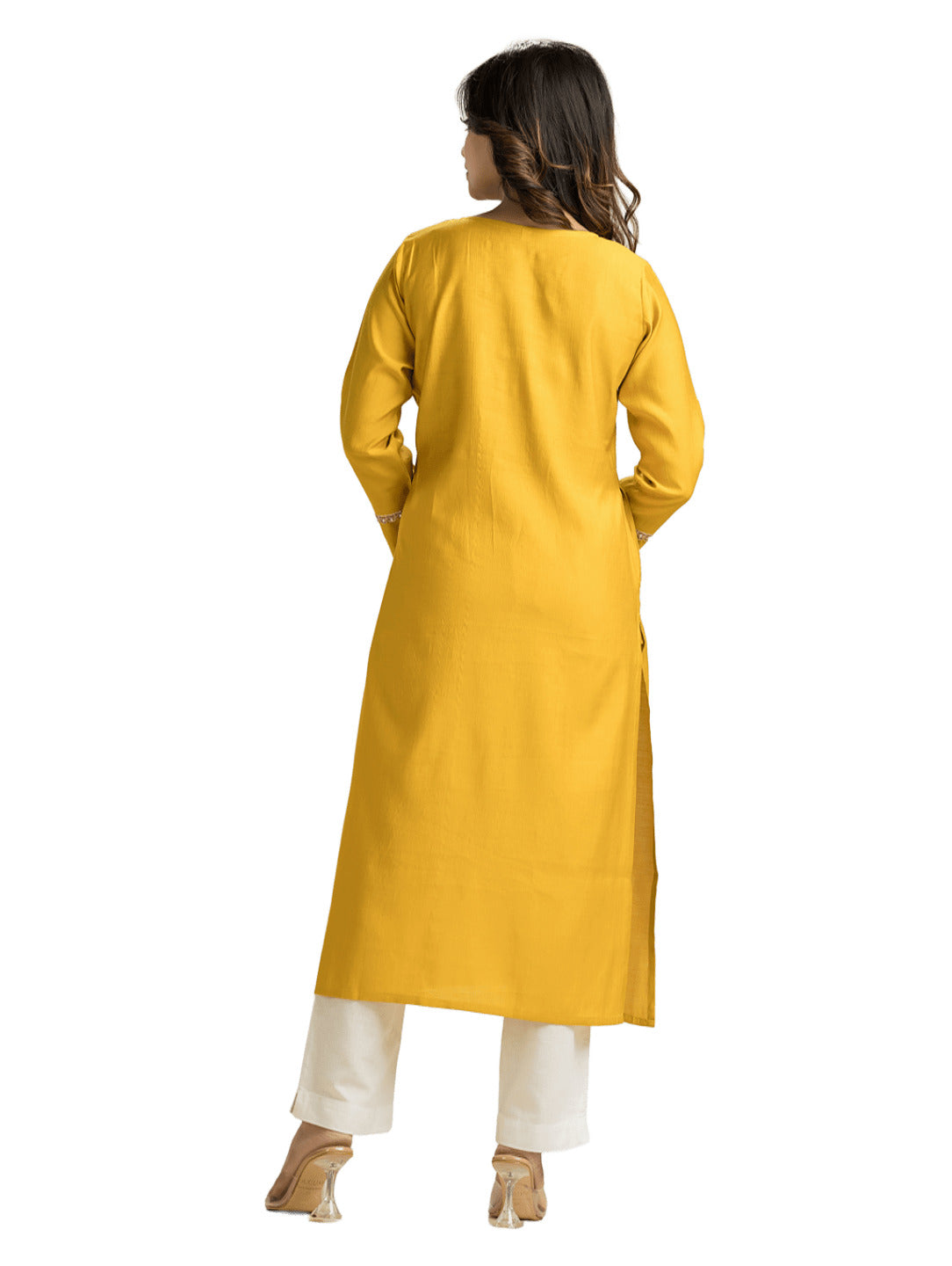 Women's Yellow Pintuck Lacework Vertican Silk Kurti