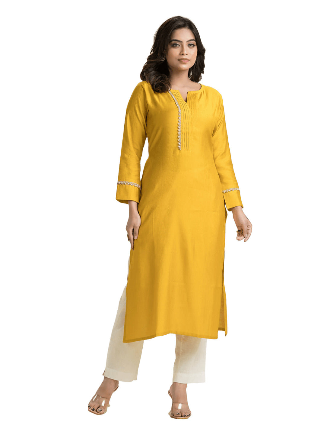 Women's Yellow Pintuck Lacework Vertican Silk Kurti