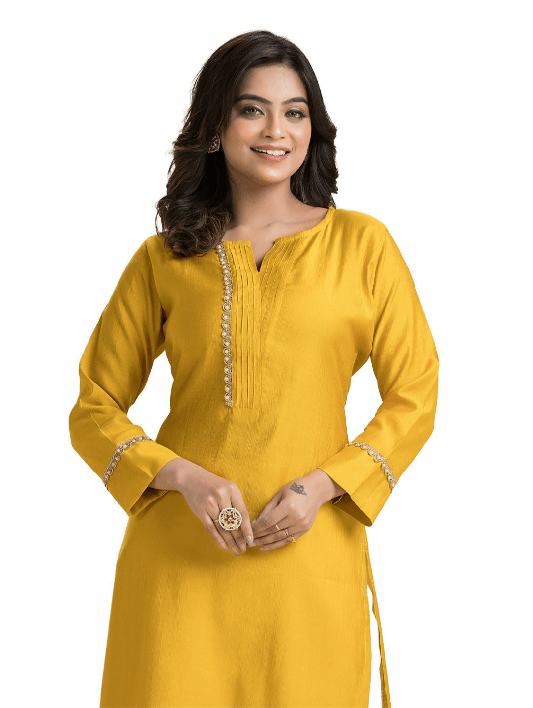 Women's Yellow Pintuck Lacework Vertican Silk Kurti
