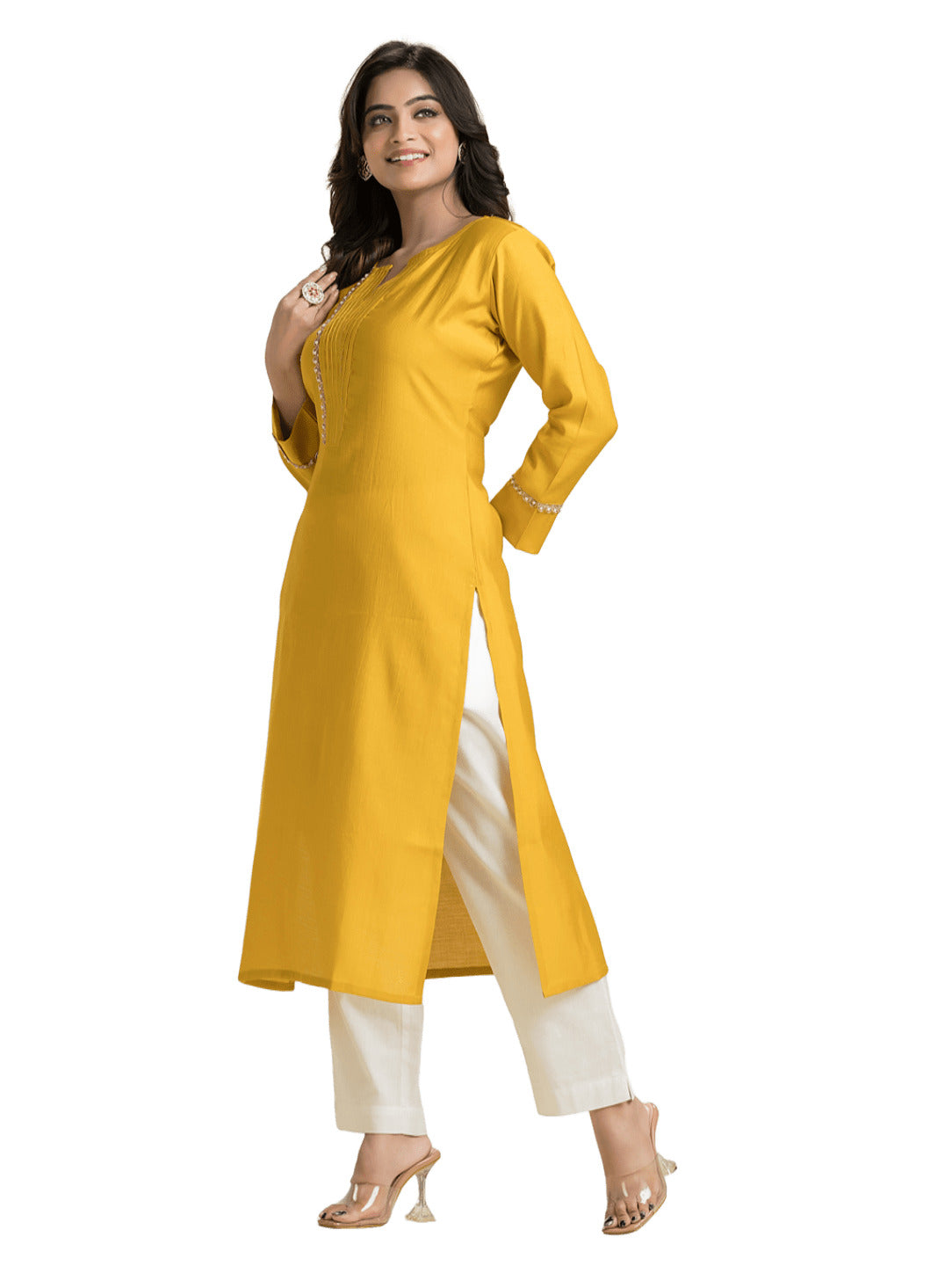 Women's Yellow Pintuck Lacework Vertican Silk Kurti