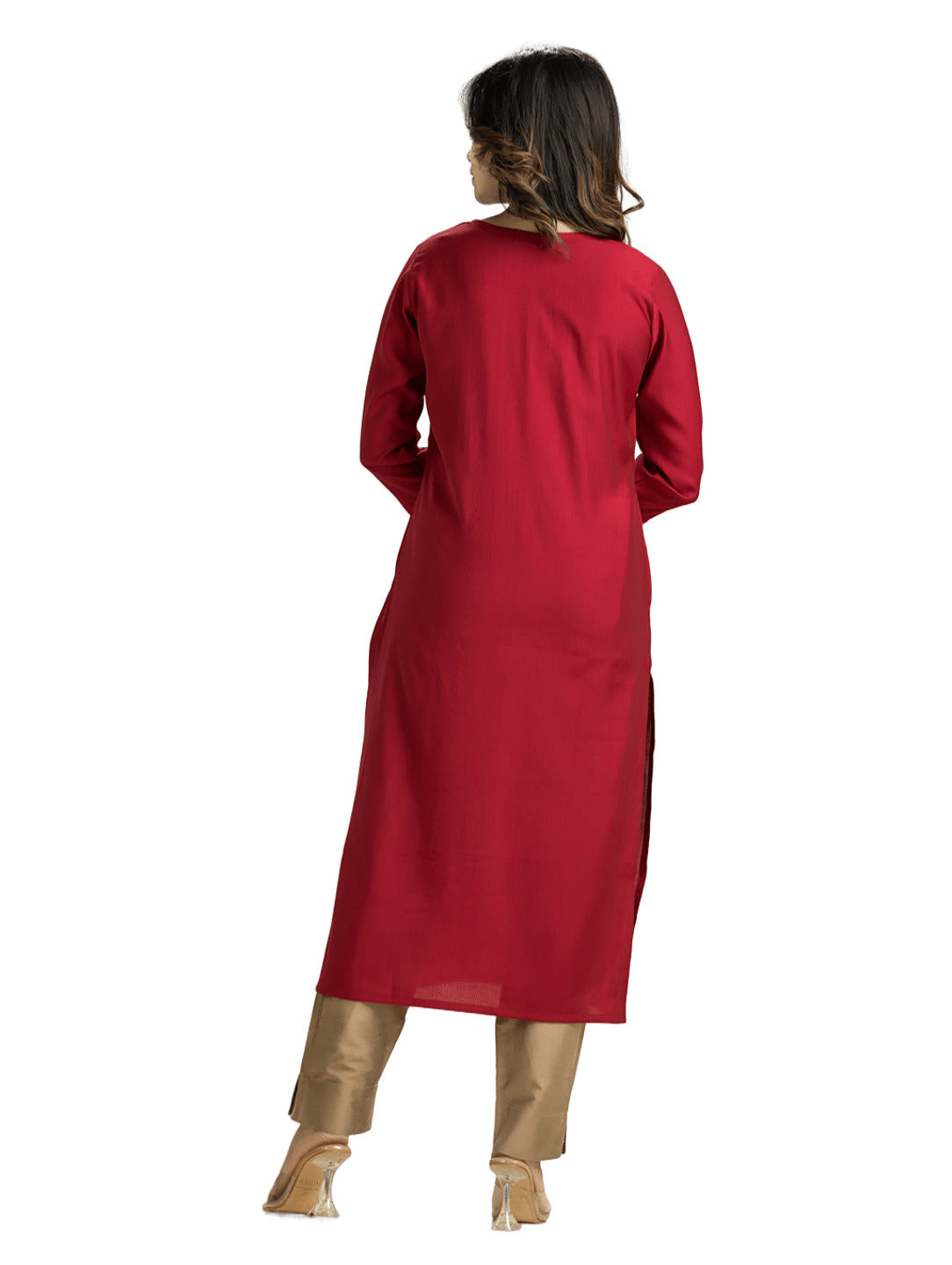 Women's Red Pintuck Lacework Vertican Silk Kurti