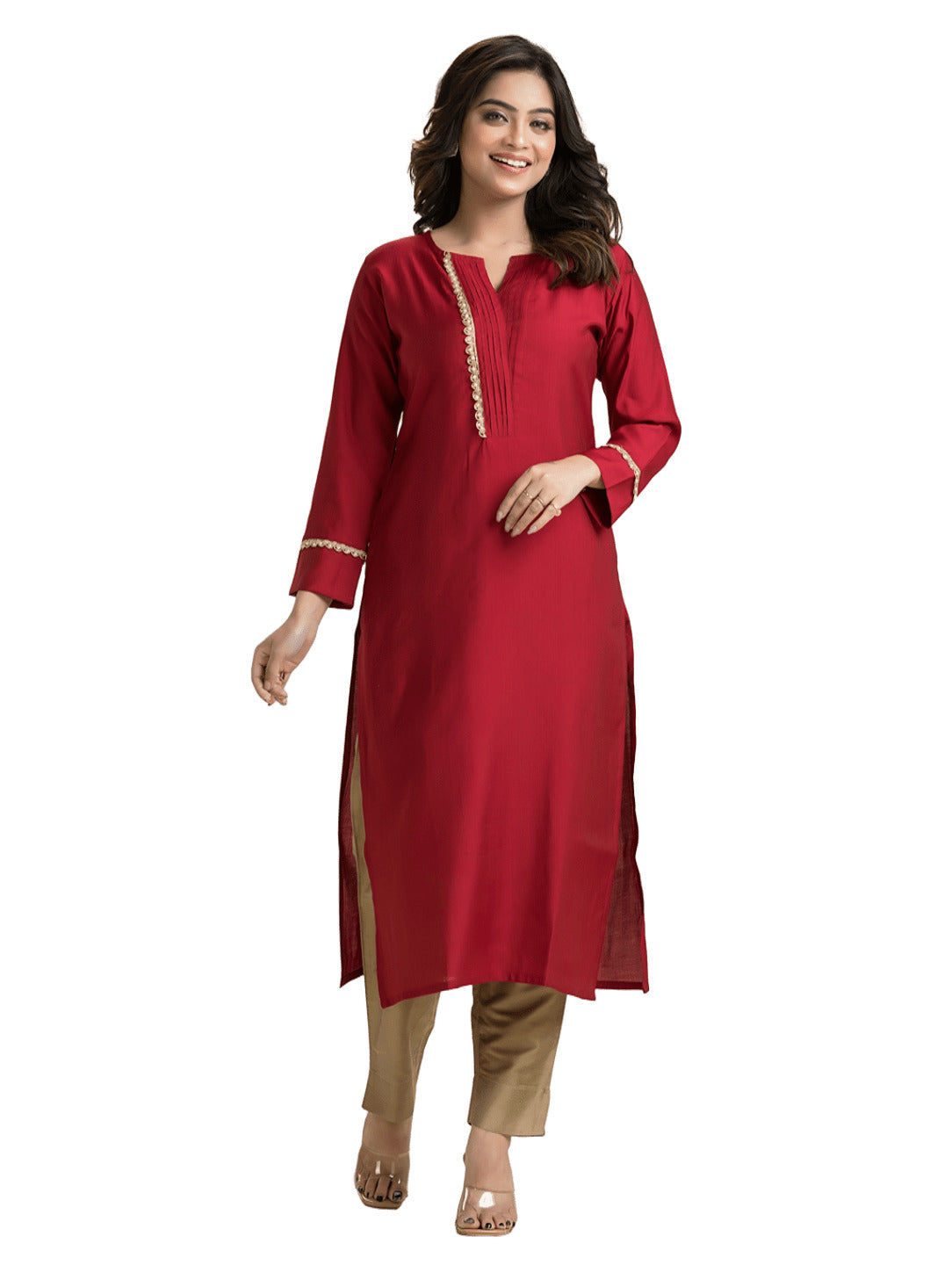 Women's Red Pintuck Lacework Vertican Silk Kurti
