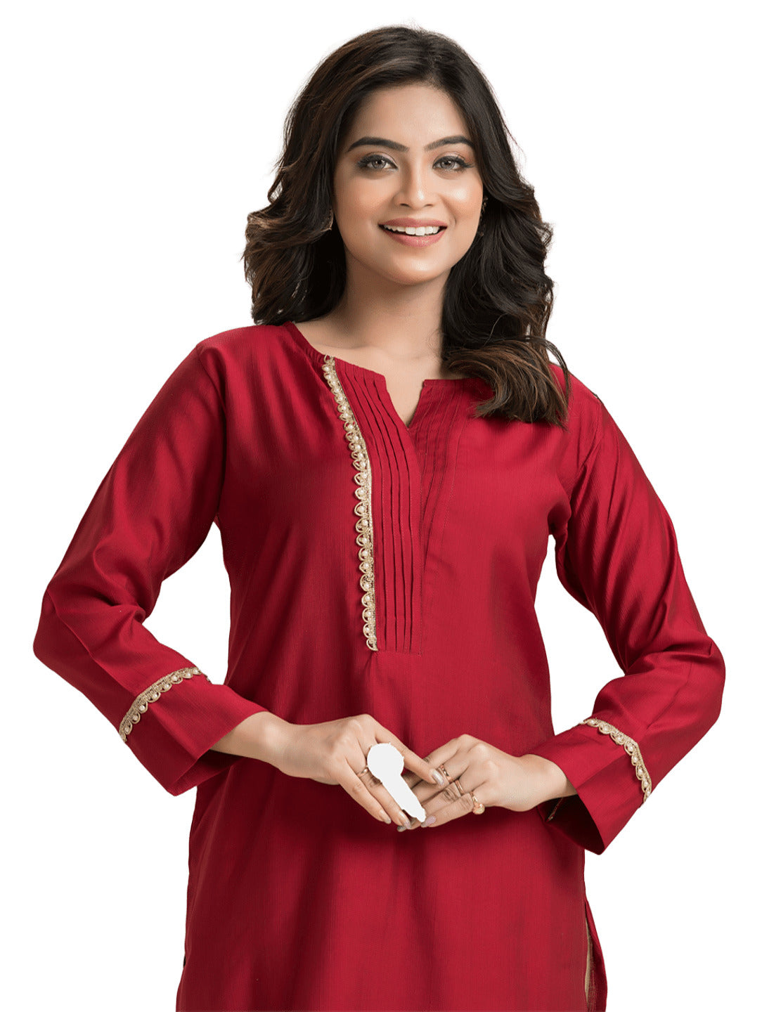 Women's Red Pintuck Lacework Vertican Silk Kurti