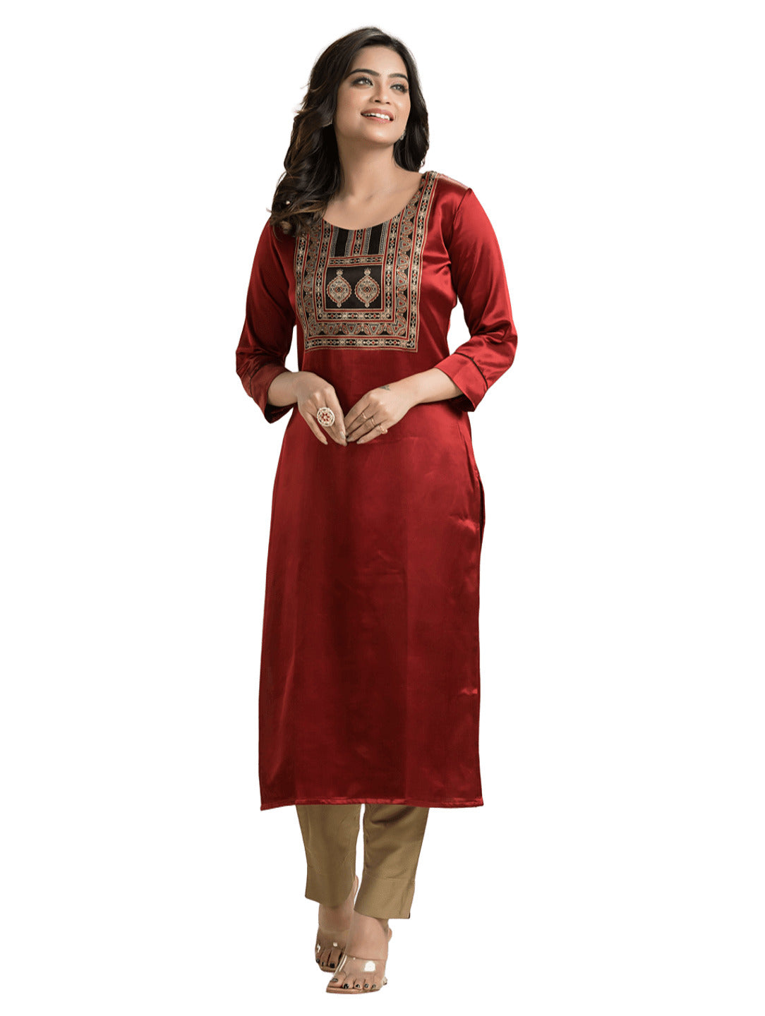 Women's Red Mashu Silk Patchwork Kurti