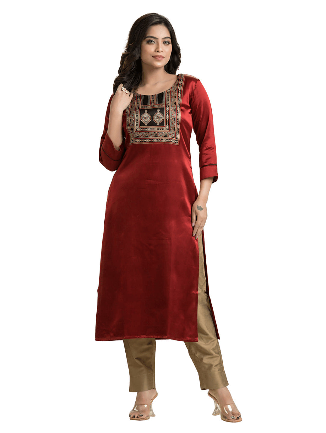 Women's Red Mashu Silk Patchwork Kurti