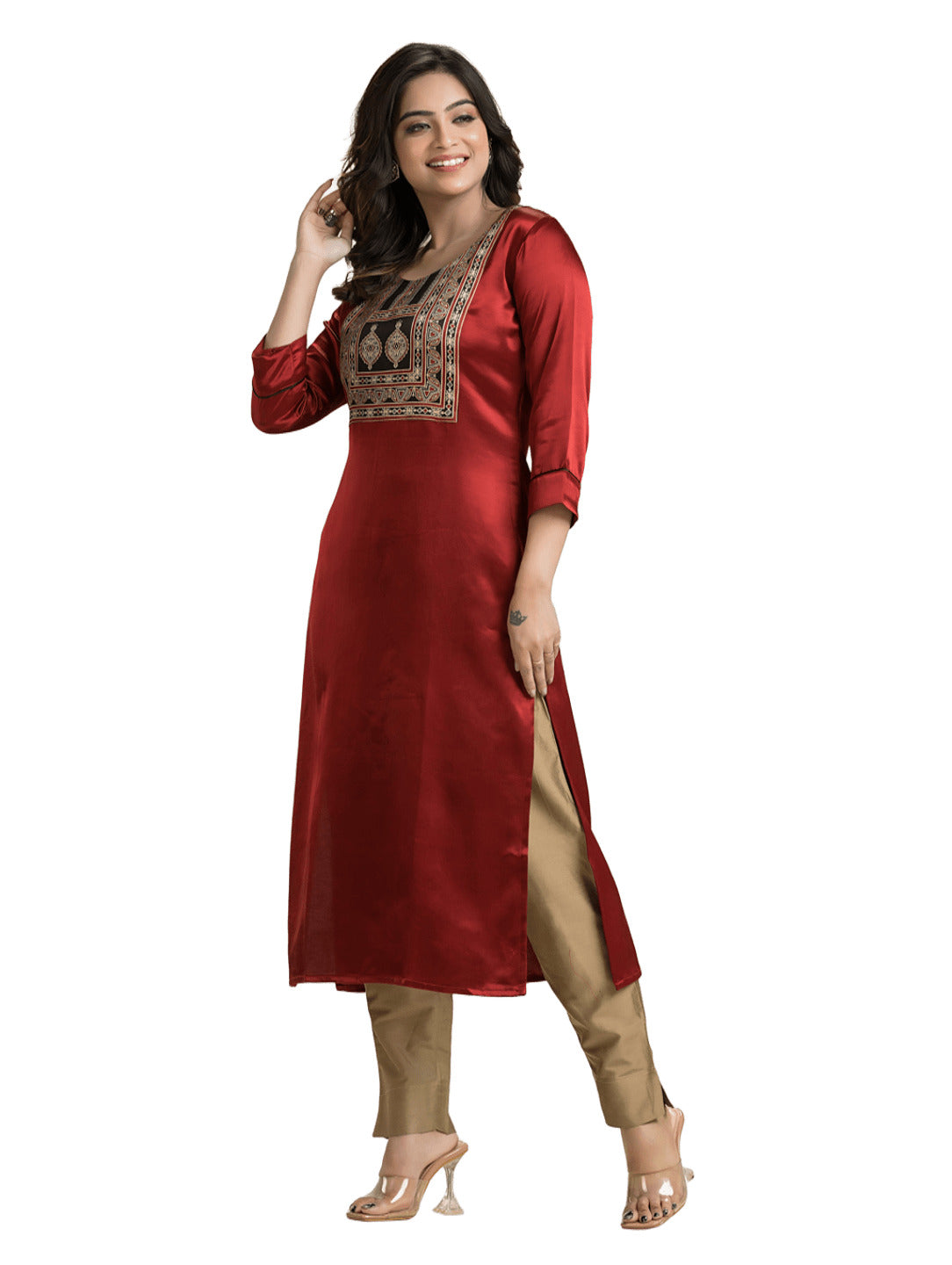 Women's Red Mashu Silk Patchwork Kurti