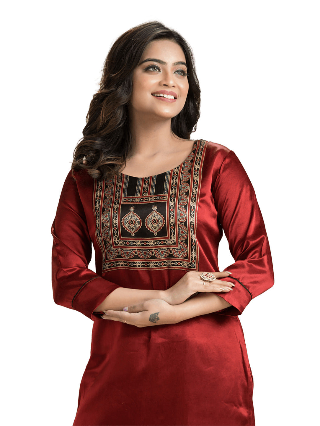 Women's Red Mashu Silk Patchwork Kurti