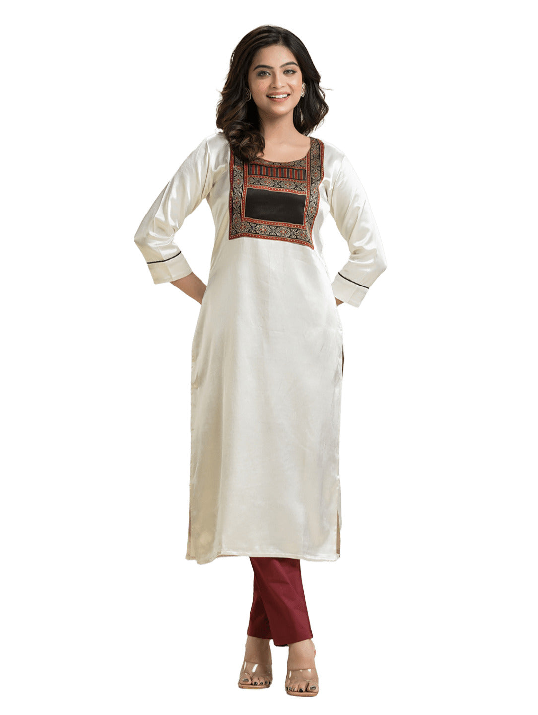 Women's White Mashu Silk Patchwork Kurti