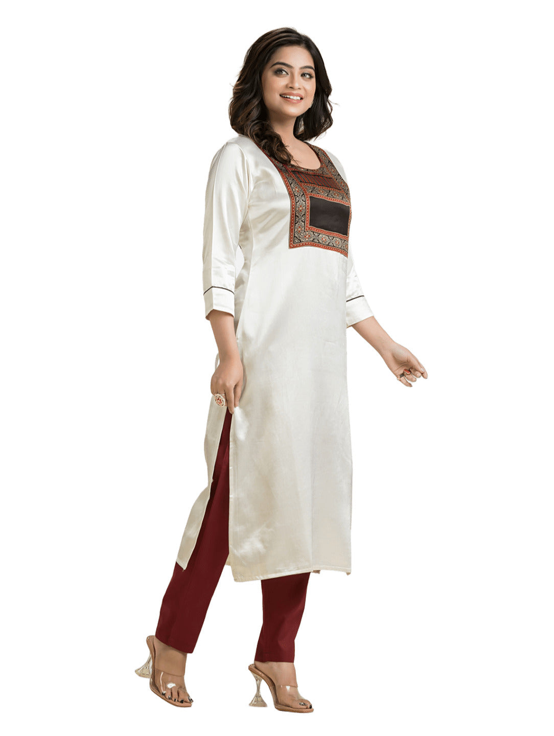 Women's White Mashu Silk Patchwork Kurti