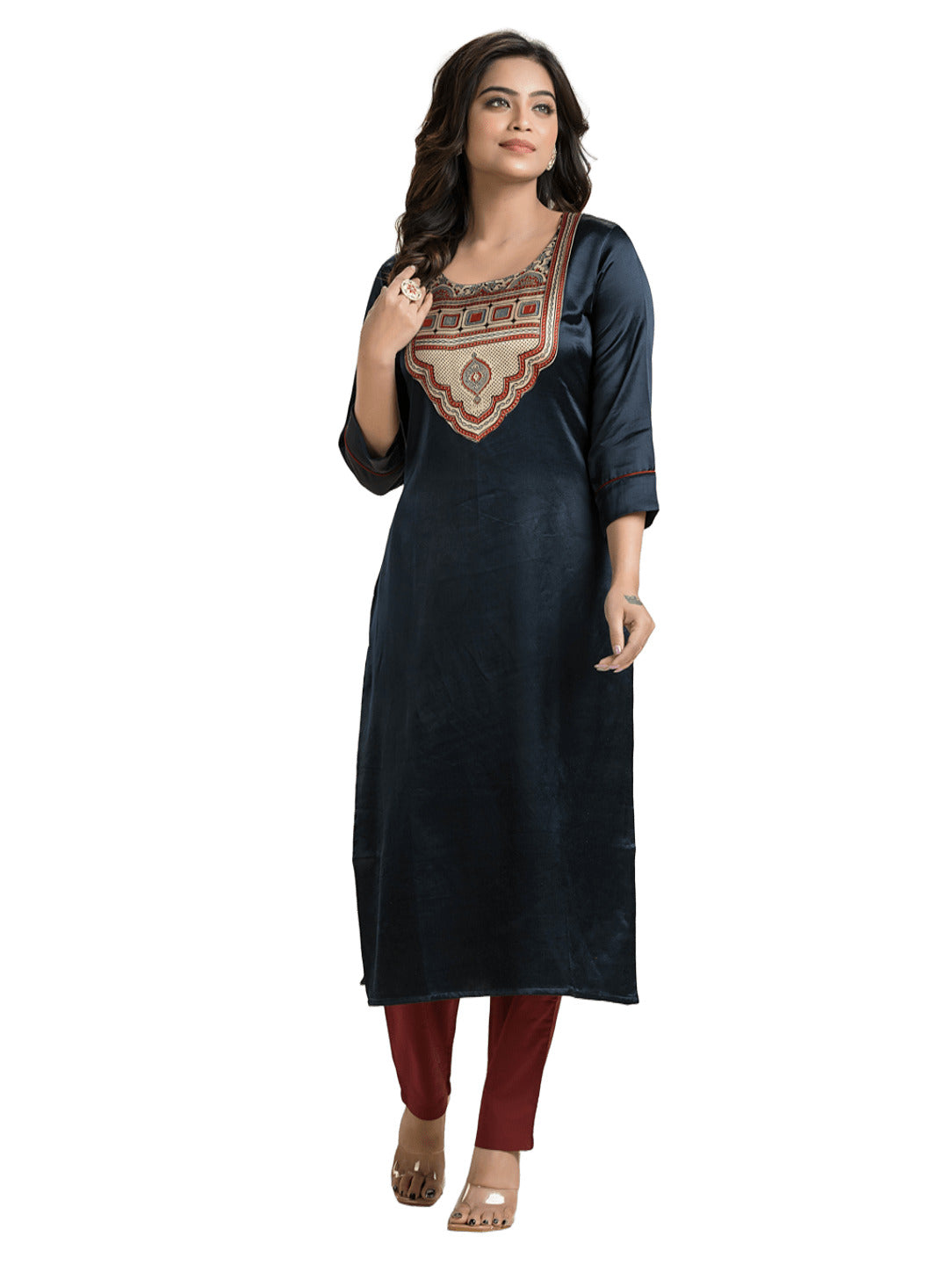 Women's Blue Mashu Silk Patchwork Kurti