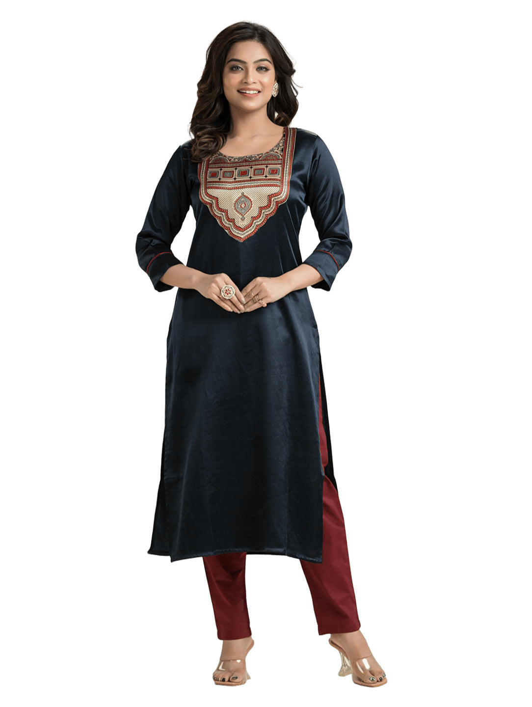 Women's Blue Mashu Silk Patchwork Kurti