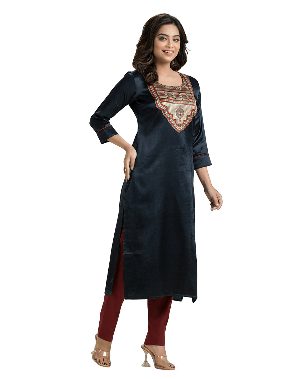 Women's Blue Mashu Silk Patchwork Kurti