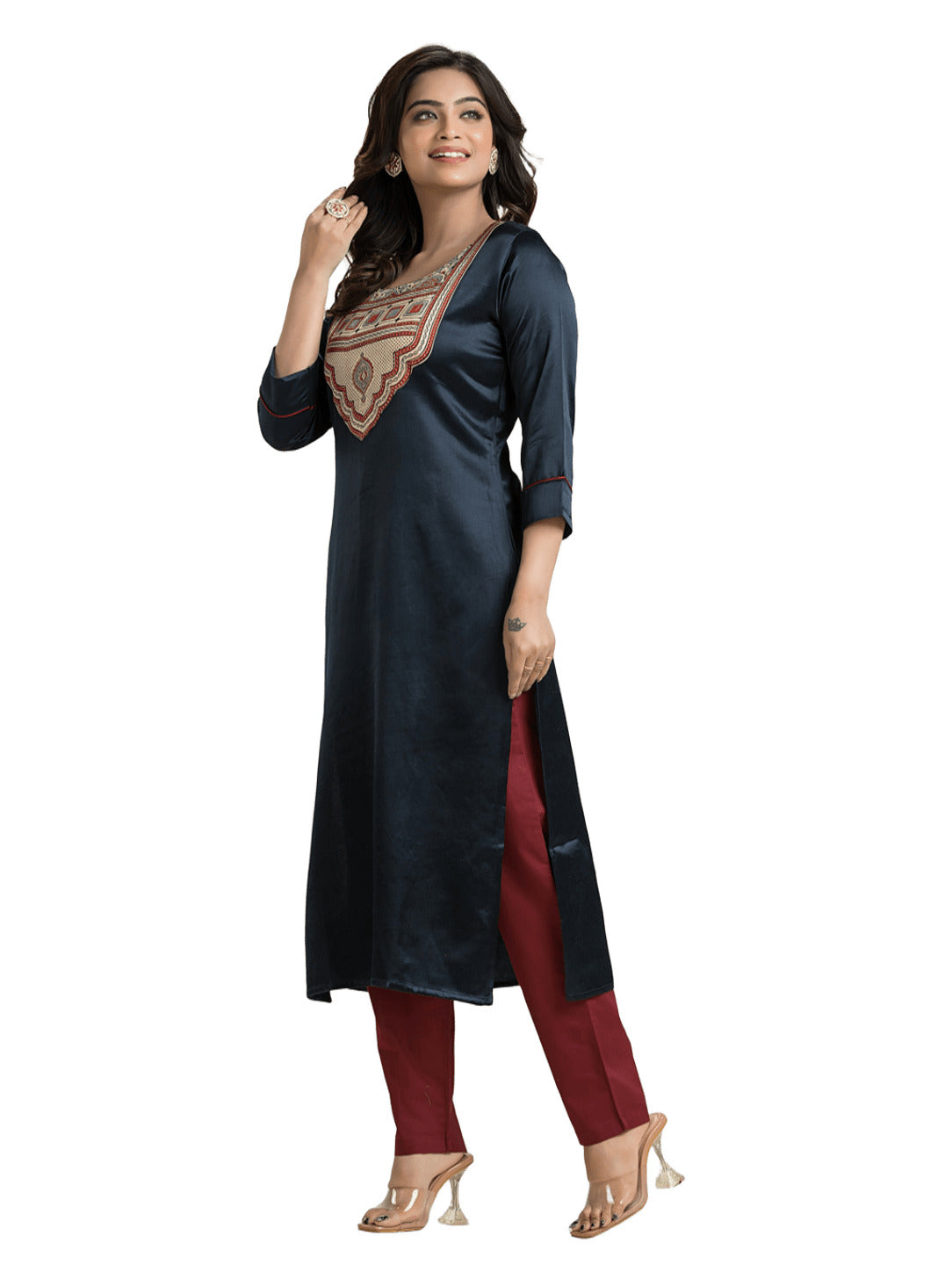 Women's Blue Mashu Silk Patchwork Kurti