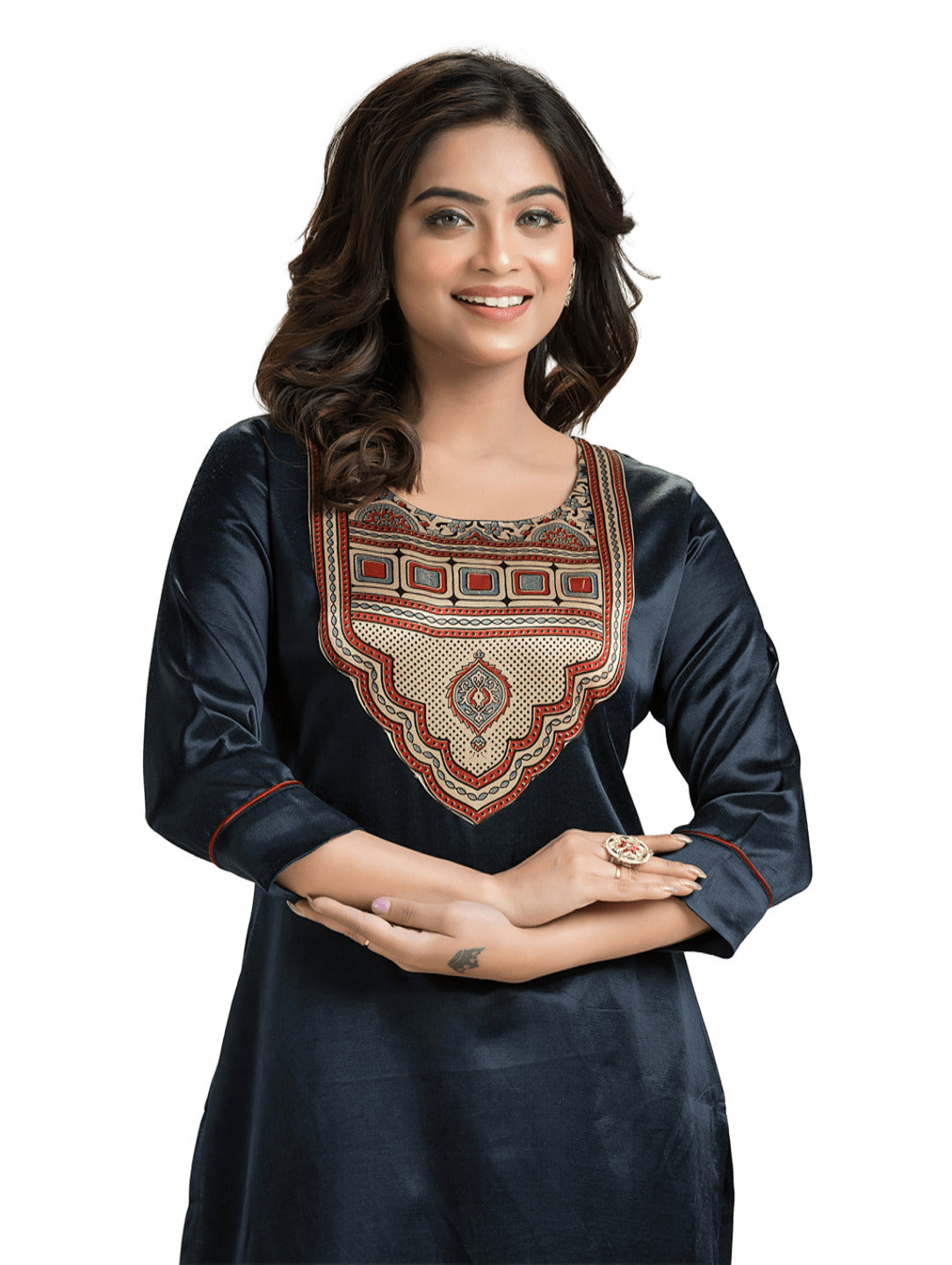 Women's Blue Mashu Silk Patchwork Kurti