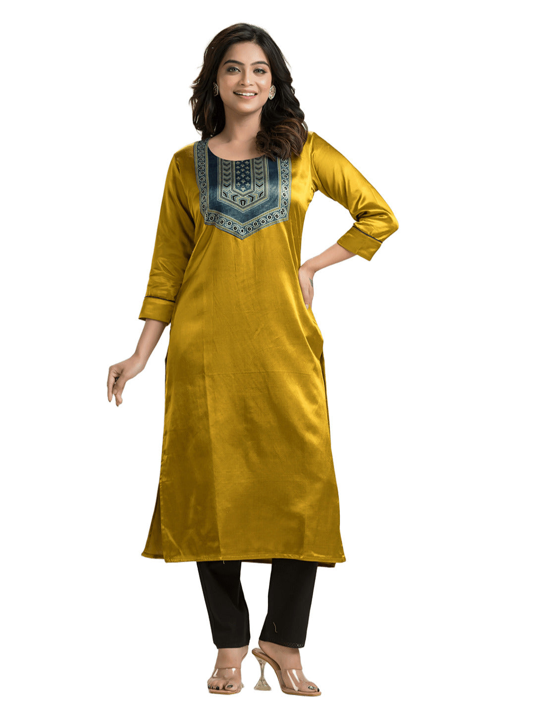 Women's Yellow Mashu Silk Patchwork Kurti