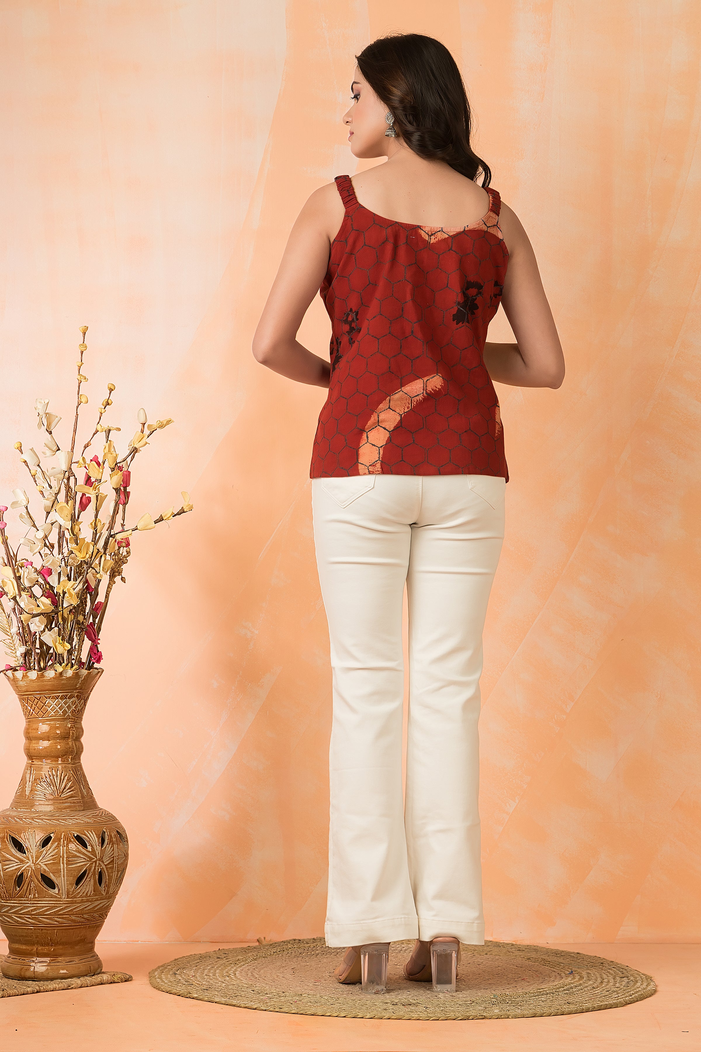 Women's Cotton Geometric Printed Red Noodle Top