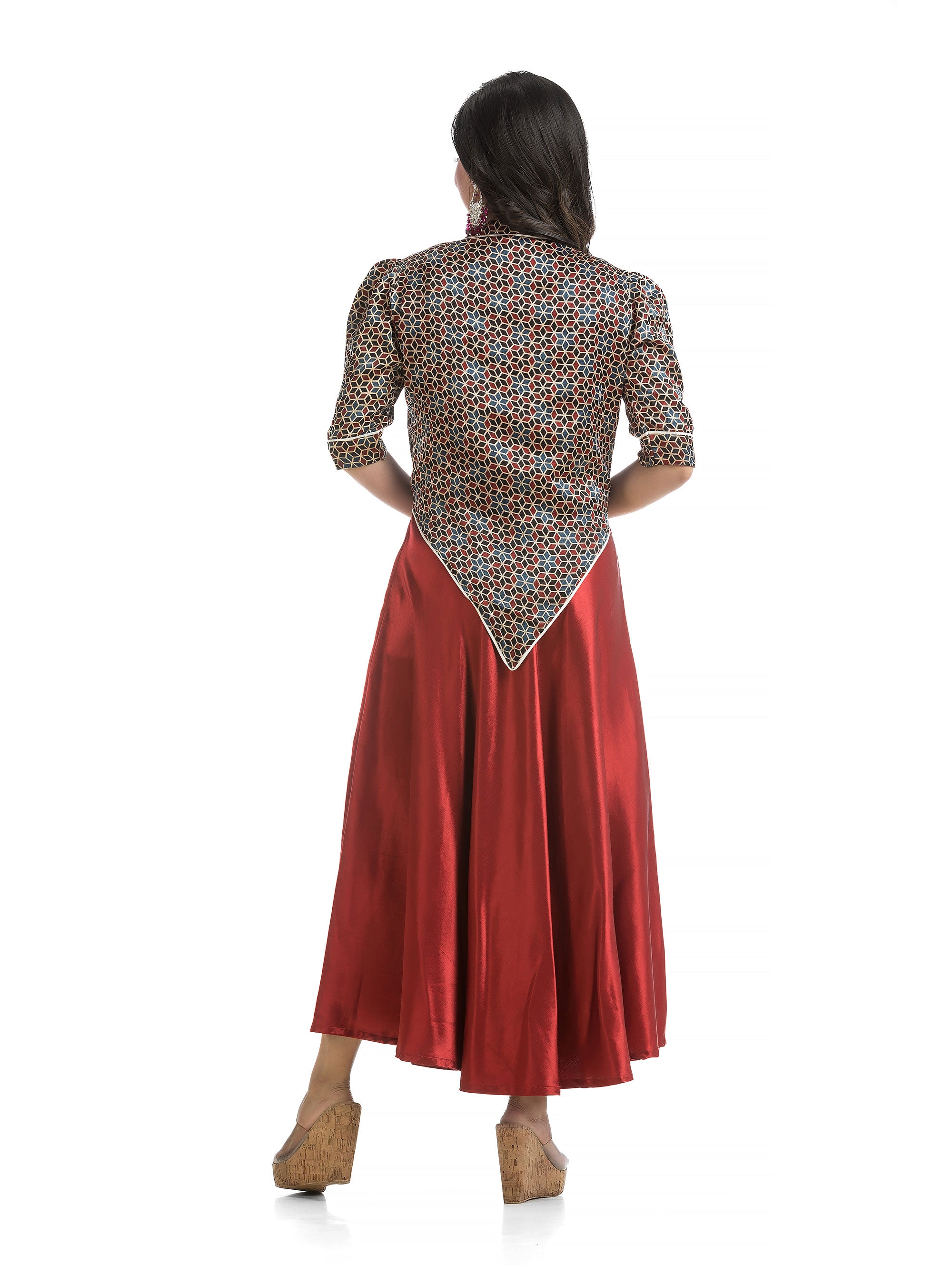 Indian Maroon Silk Dress with White Block Printed Floral Jacket