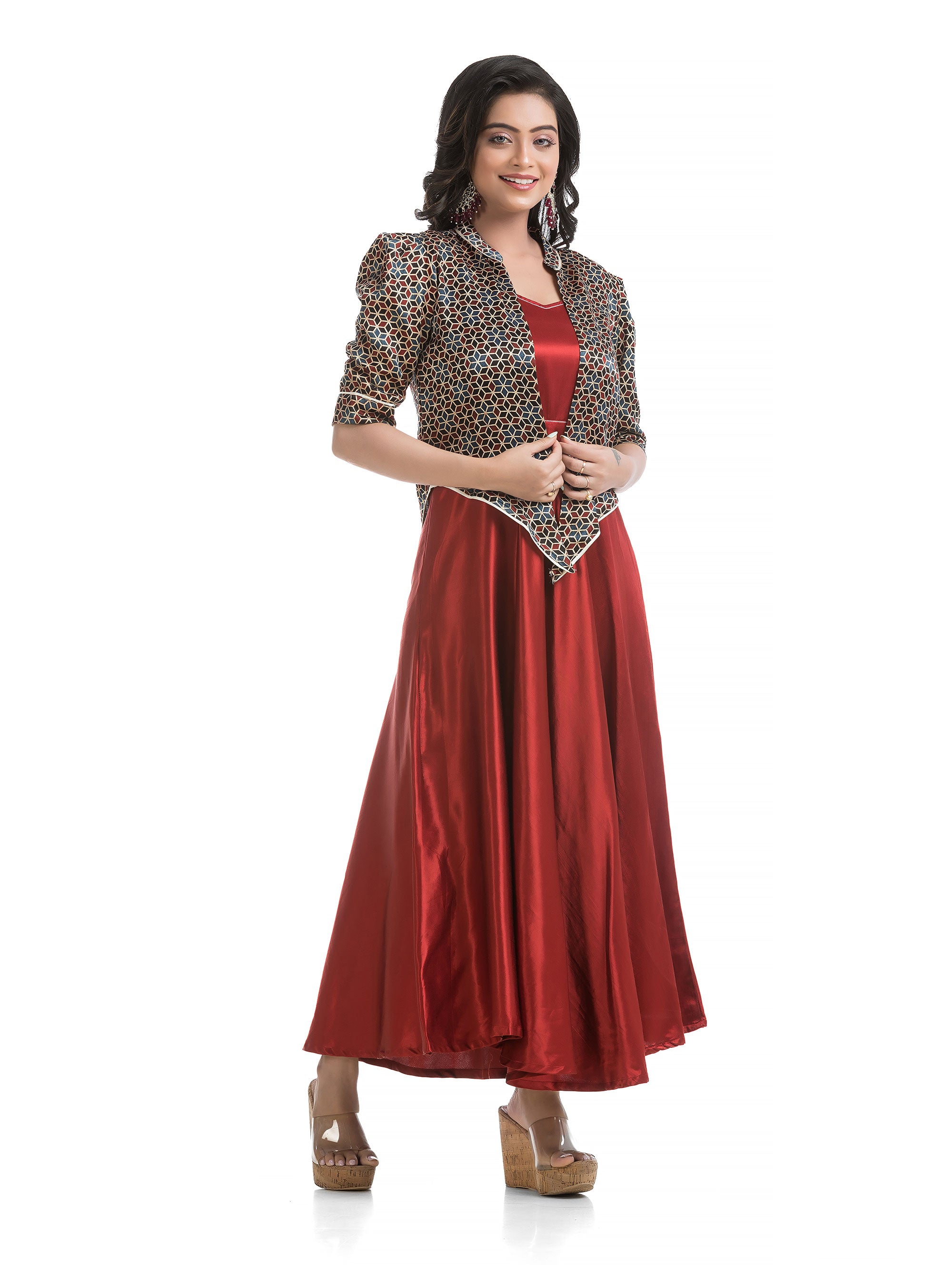 Indian Maroon Silk Dress with White Block Printed Floral Jacket