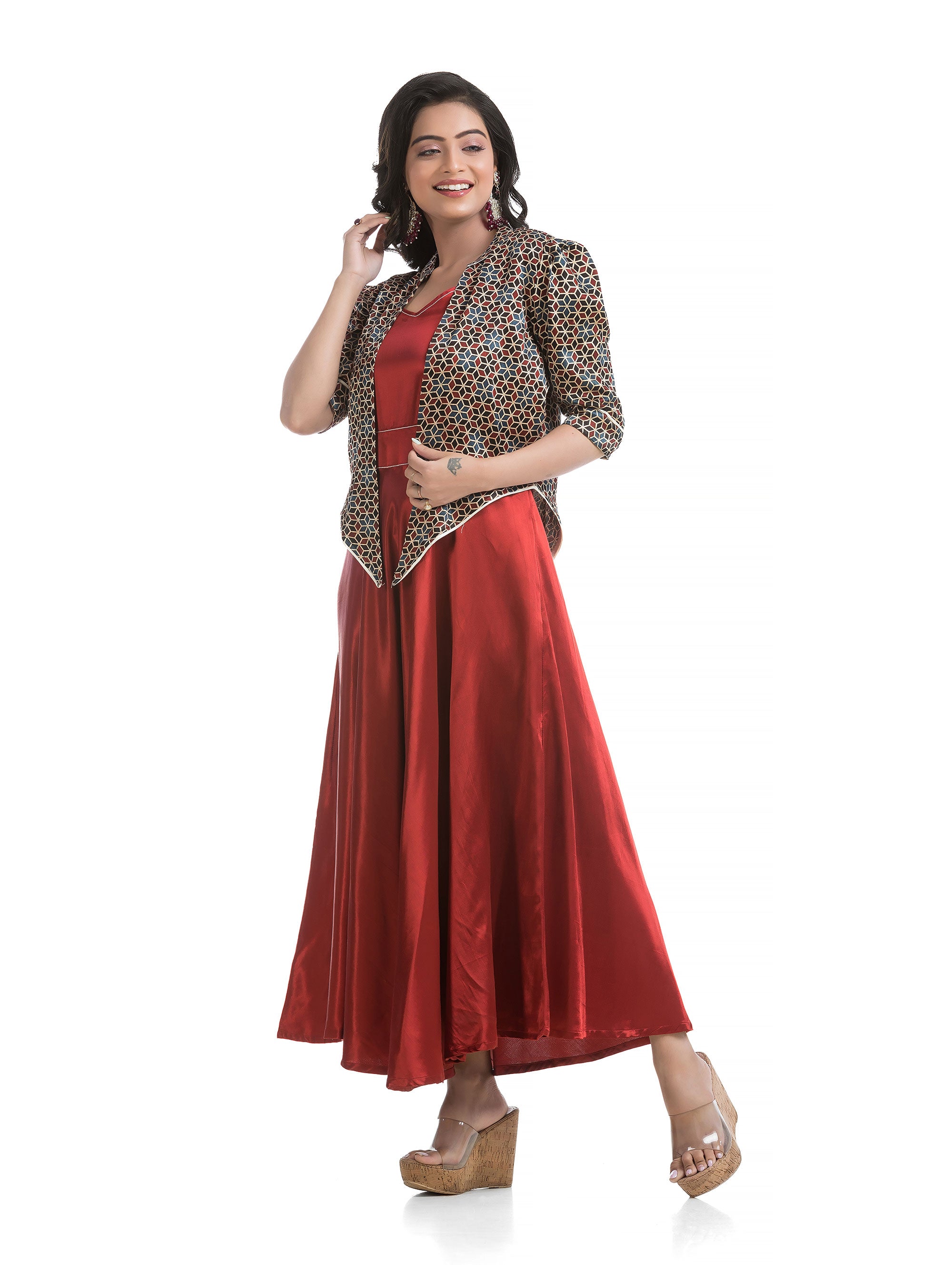 Indian Maroon Silk Dress with White Block Printed Floral Jacket