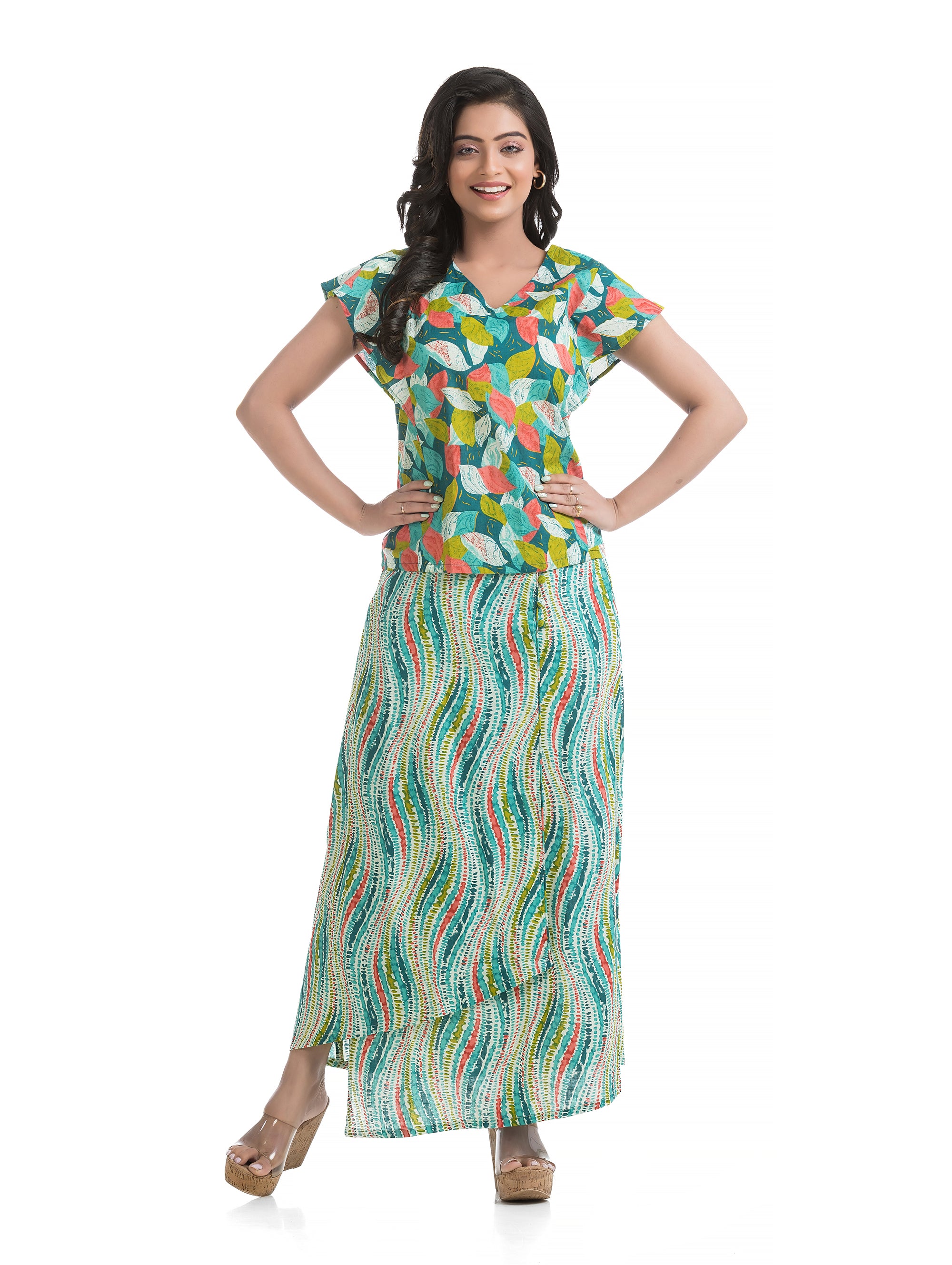 Green Leaf Printed V-Neck Top with Overlap Wavy Printed Skirt