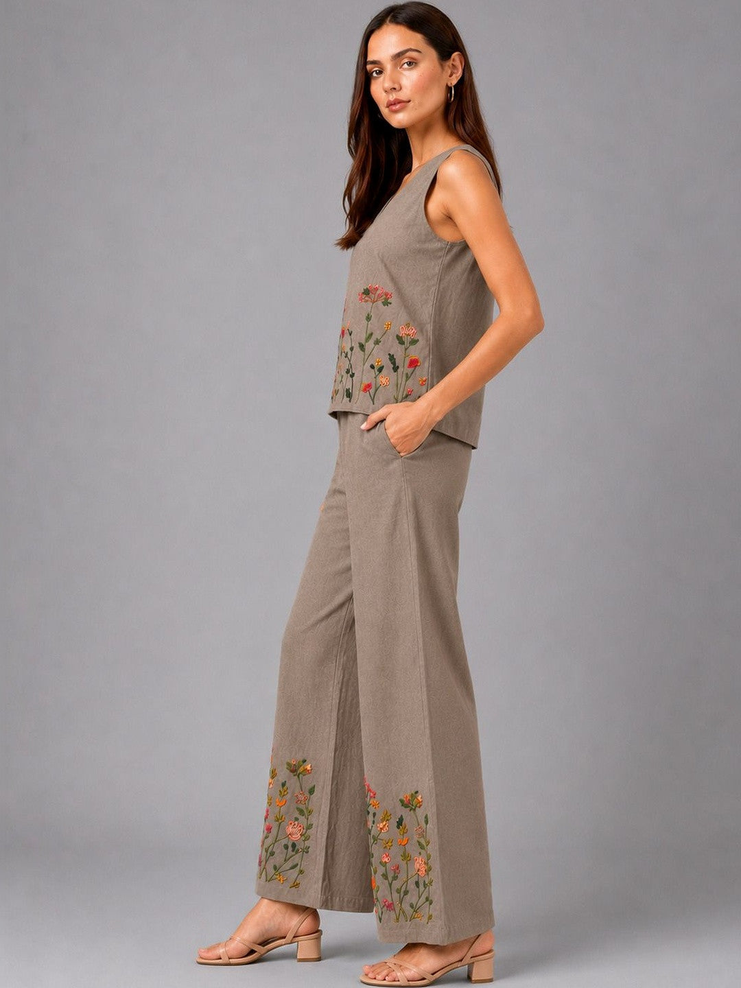 Women’s grey embroidered co-ord set featuring a sleeveless top and wide-leg pants by Crazy Needle Online
