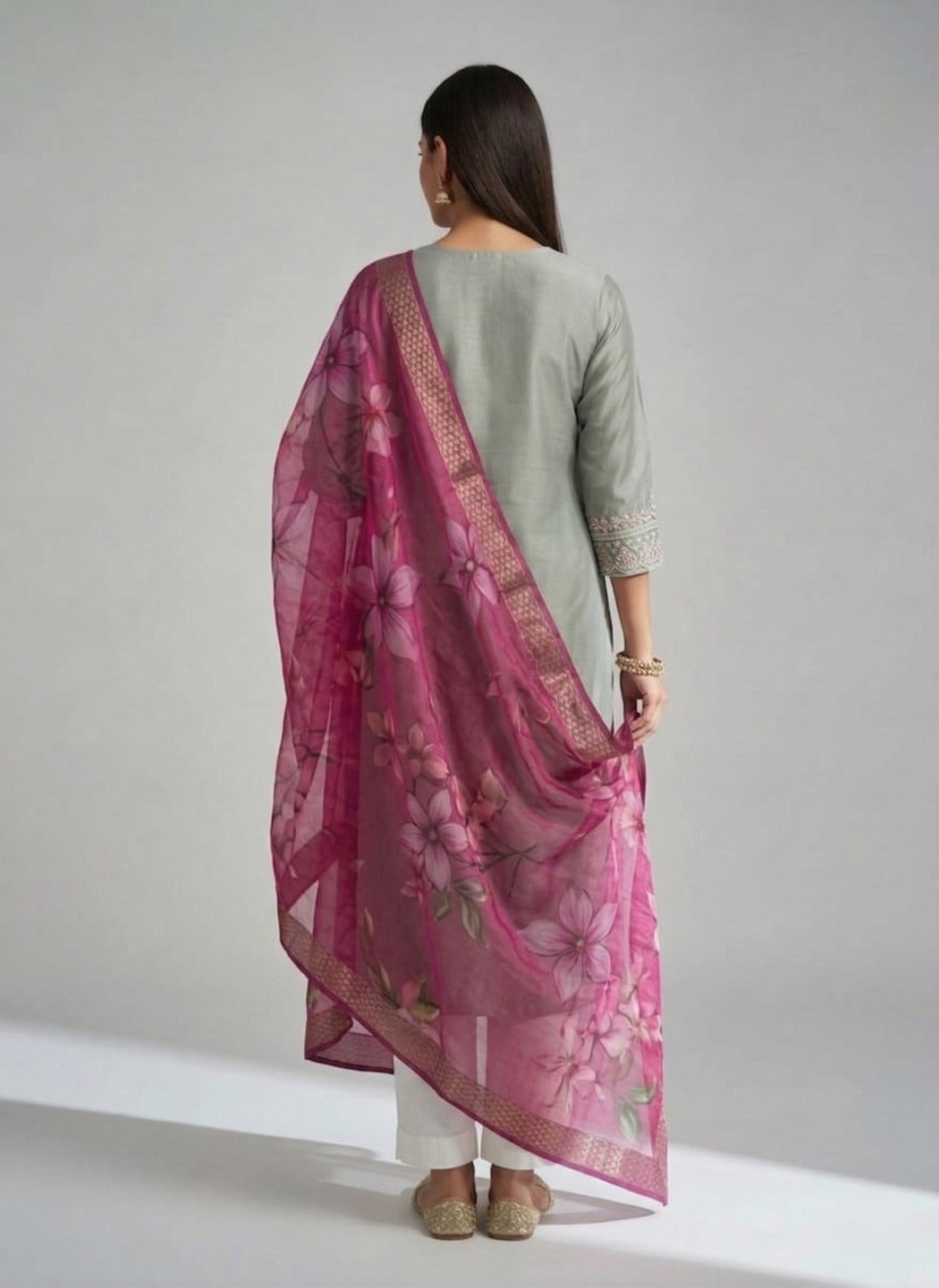 Women's green Kurti pant set with dupatta, featuring traditional embroidery, displayed from three angles in a casual indoor setting.