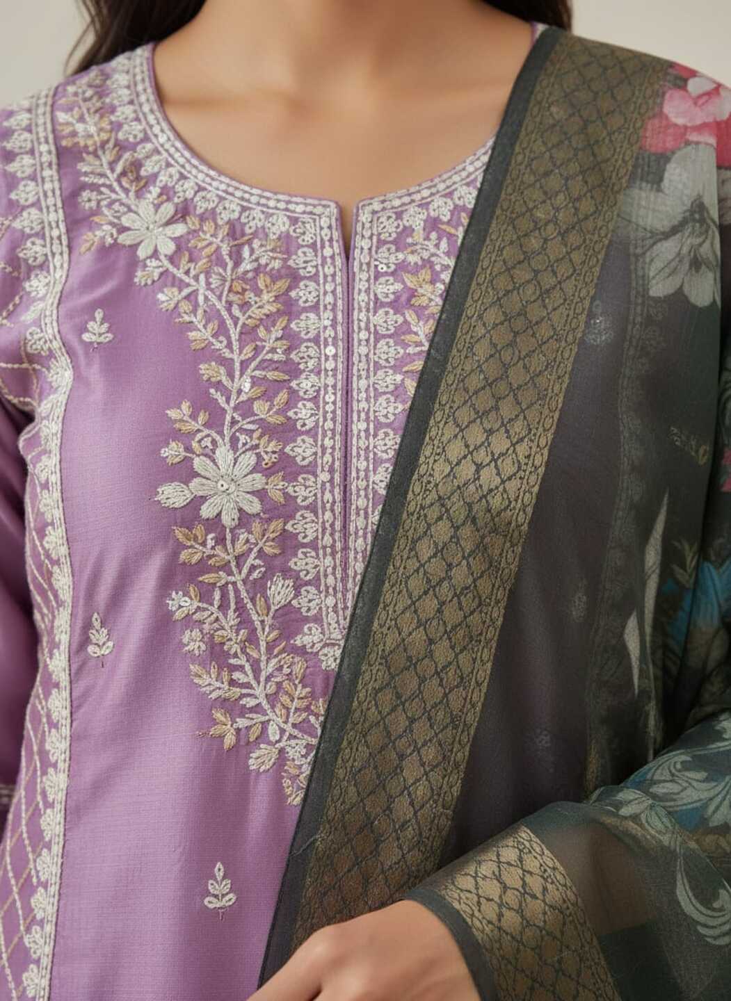 Three images of a women's purple kurti pant set with dupatta by Crazy Needle Online, showcasing the traditional embroidered design and styling.