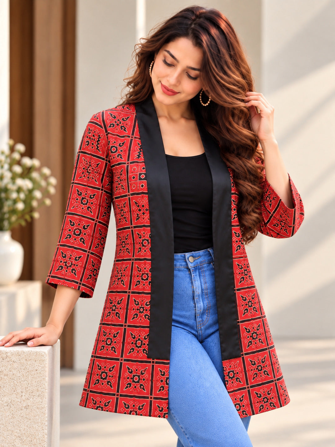 Women’s red printed flared longline shrug dress by Crazy Needle Online, featuring a stylish flared design and vibrant print.