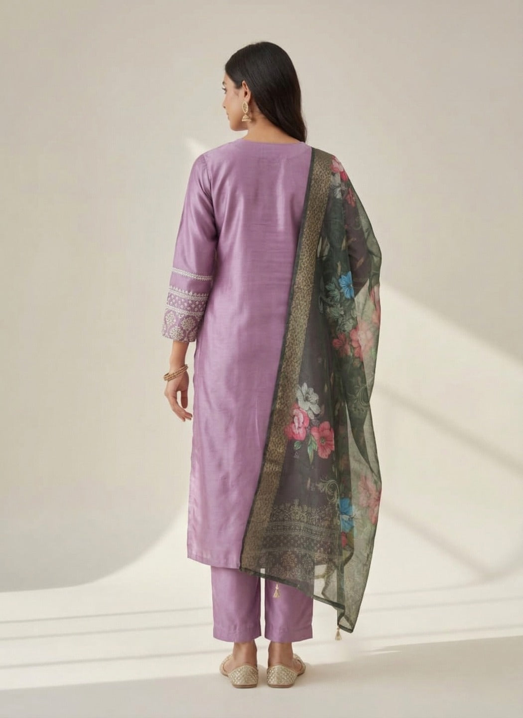 Three images of women's purple kurti pant set with dupatta by Crazy Needle Online, showcasing the traditional embroidered outfit.