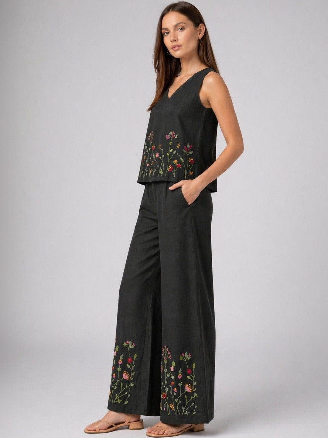 Women’s black embroidered co-ord set with sleeveless top and wide-leg pants from Crazy Needle Online, displayed on a mannequin.