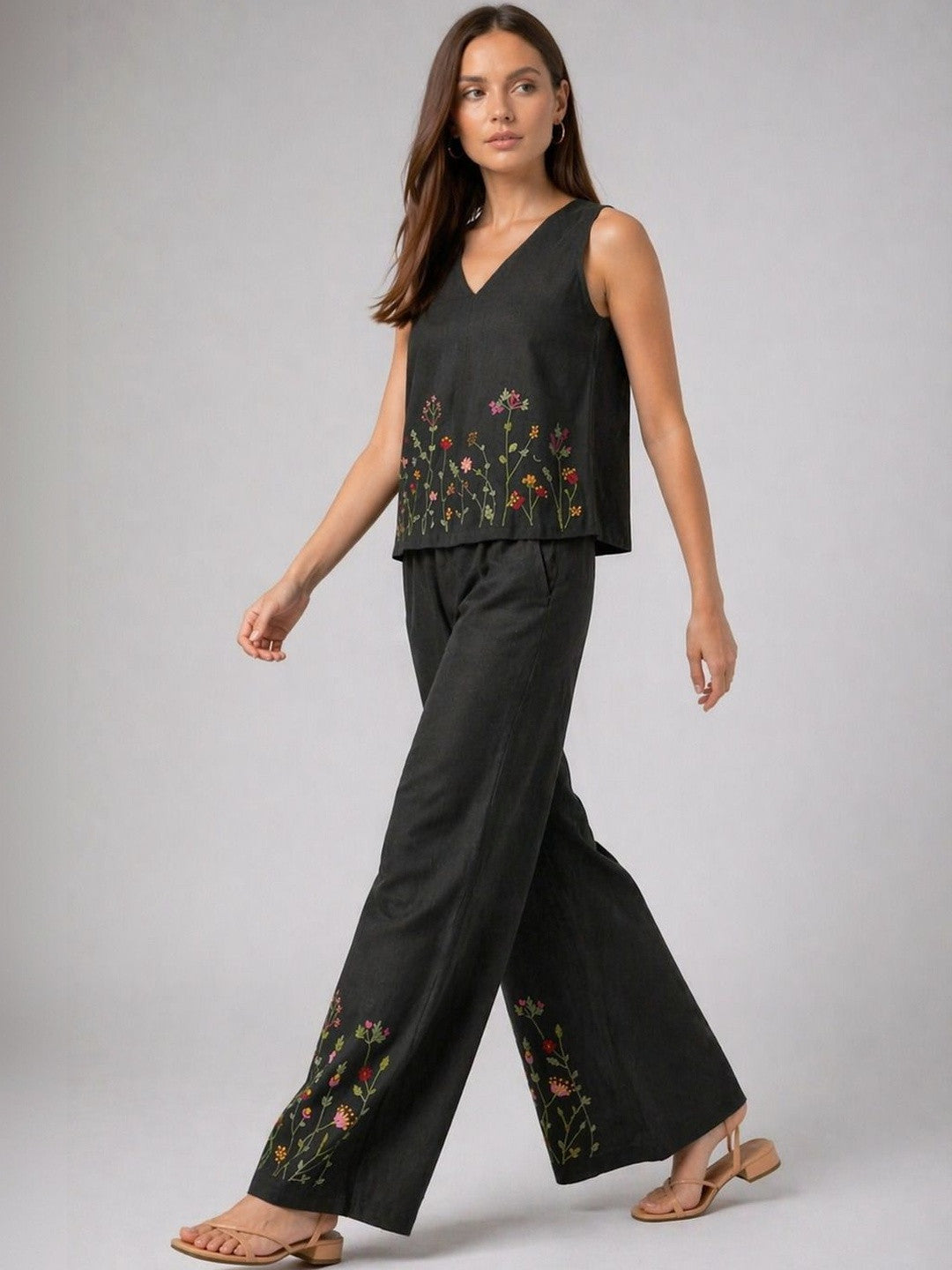 Women’s black embroidered co-ord set with sleeveless top and wide-leg pants from Crazy Needle Online, displayed on a hanger.