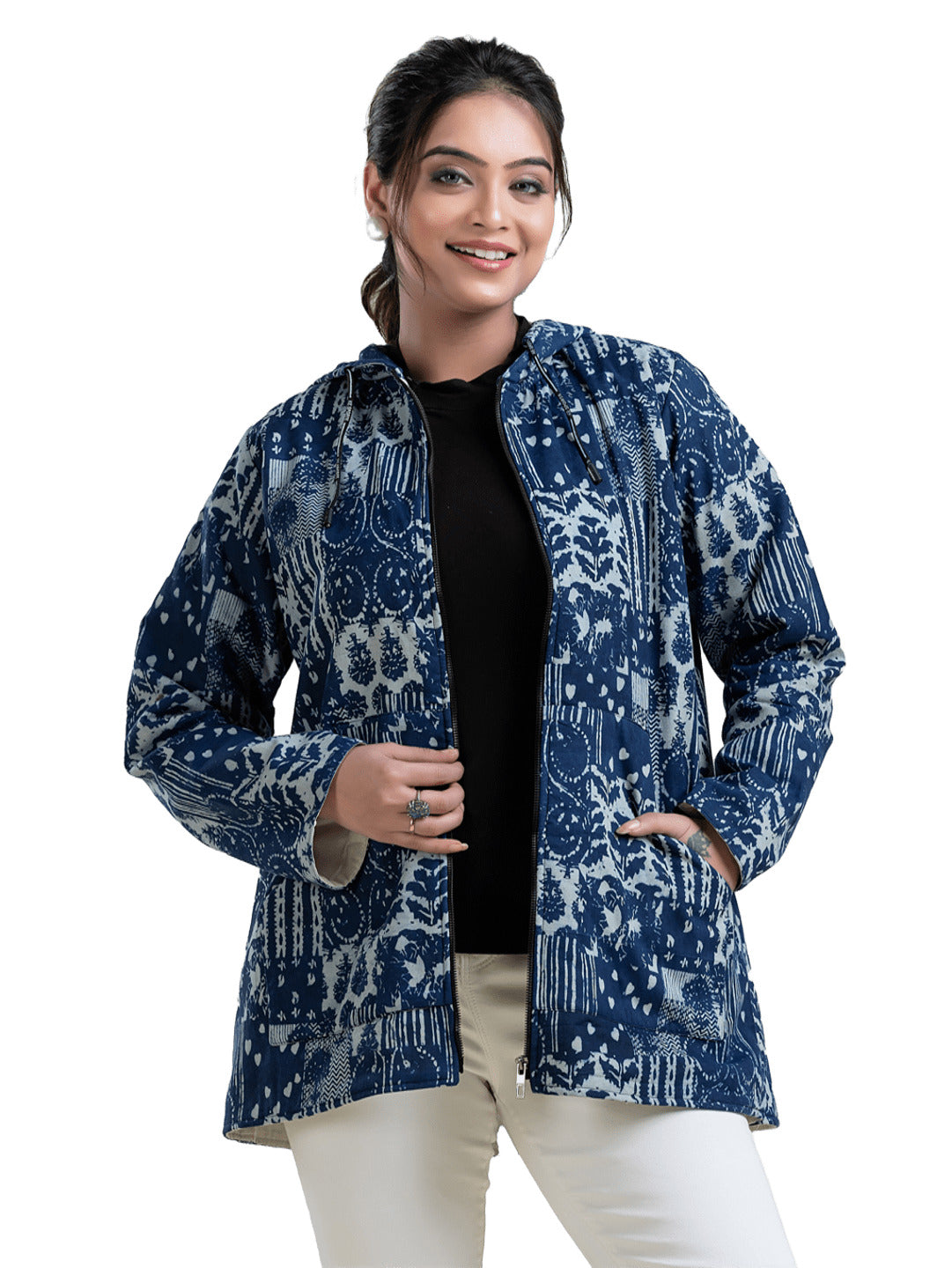 Women's Navy Cotton Hooded Jacket - Crazy Needle Online