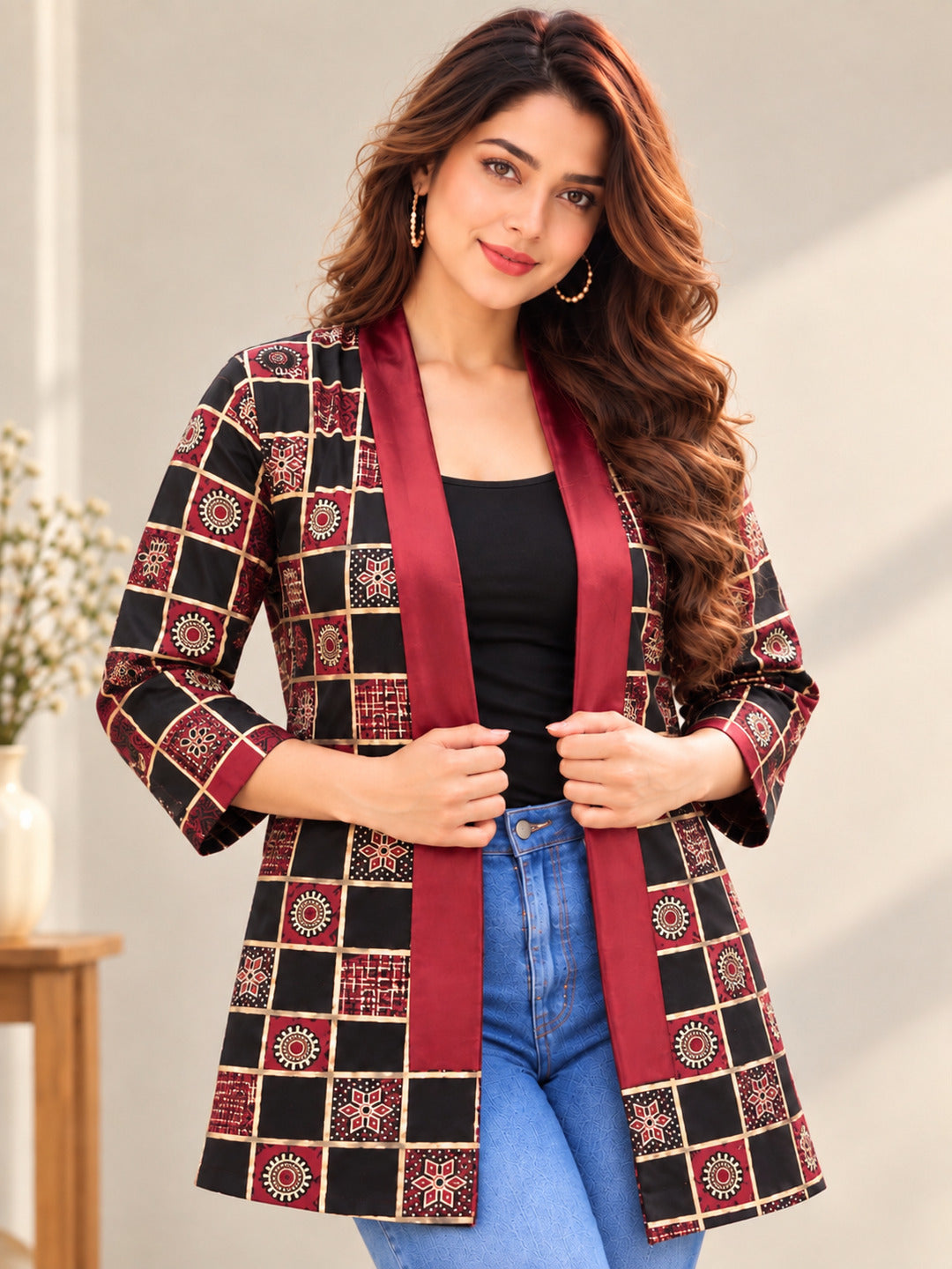 Women’s red geometric printed longline shrug by Crazy Needle Online, showcasing its vibrant design and comfortable fit.
