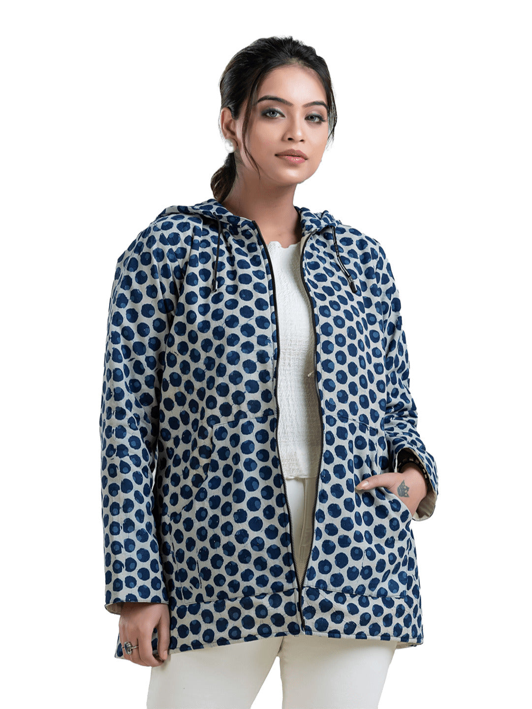 Women's Blue Hooded Cotton Jacket - Crazy Needle Online