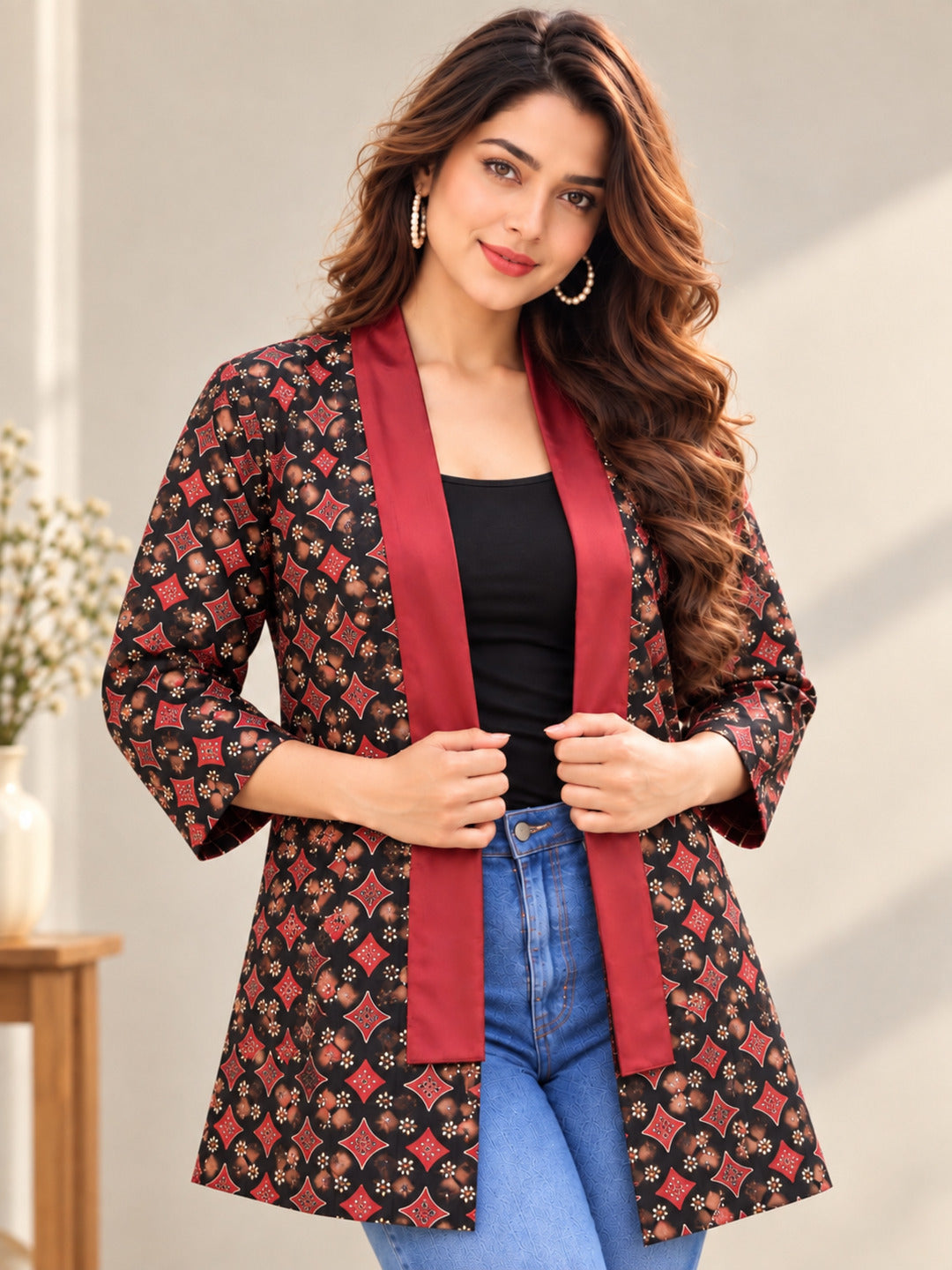 Women’s red geometric printed longline shrug by Crazy Needle Online, featuring a stylish longline design and vibrant pattern.