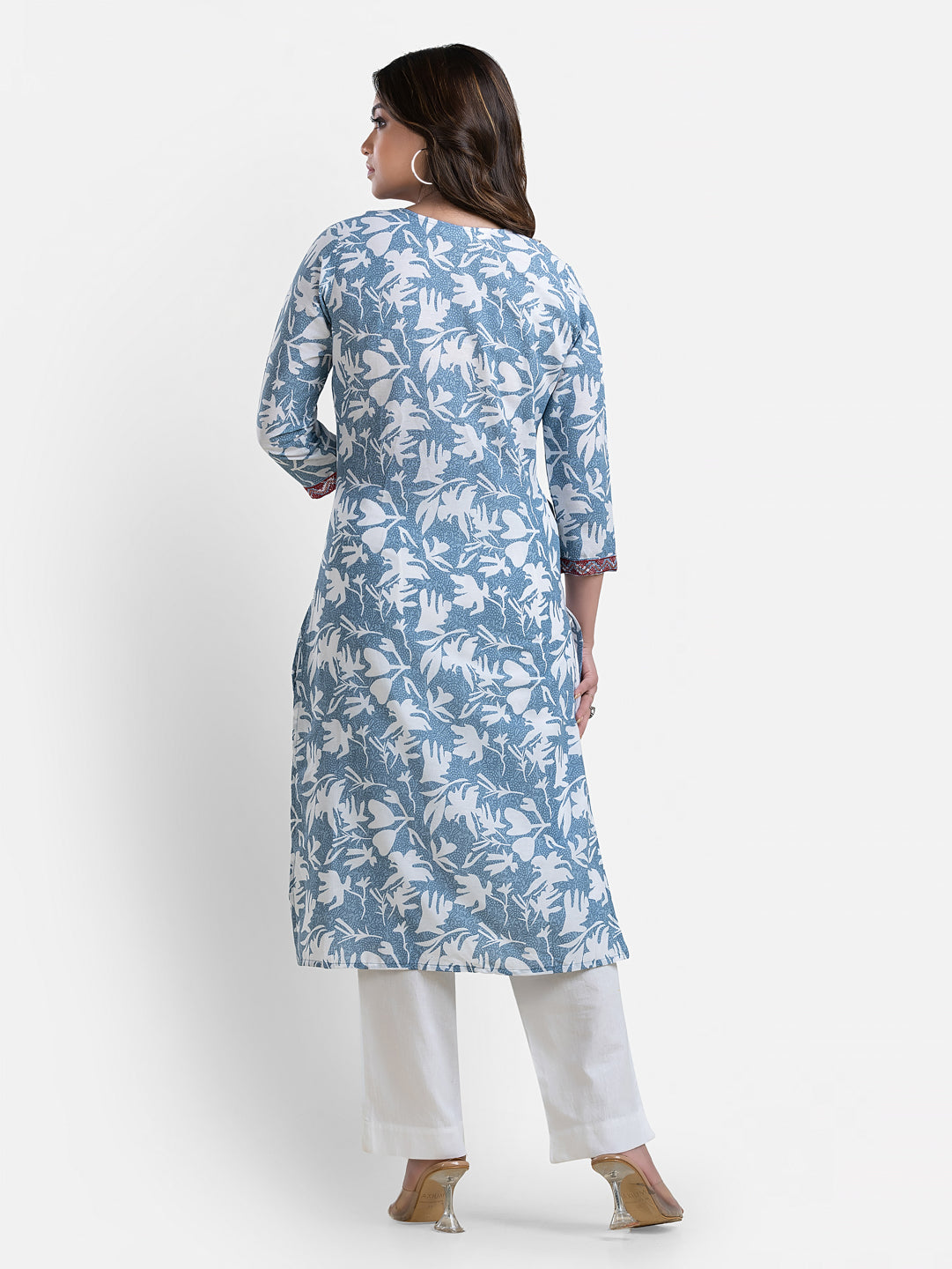 Light blue printed women's kurti with V-neck design from Crazy Needle Online, showcasing a stylish and comfortable ethnic wear.