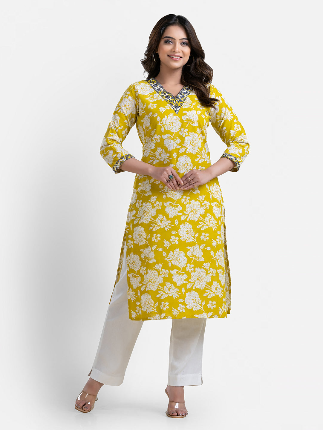 Yellow printed women's kurti with V-neck design from Crazy Needle Online, featuring a stylish and vibrant pattern.