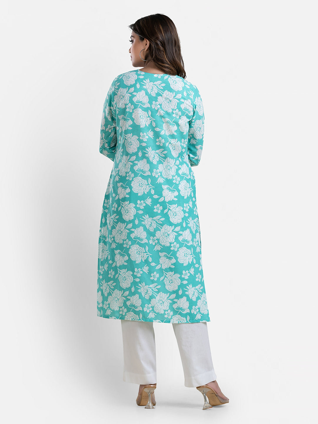 Women's green printed V-neck kurti by Crazy Needle Online, featuring a stylish design and comfortable fit.