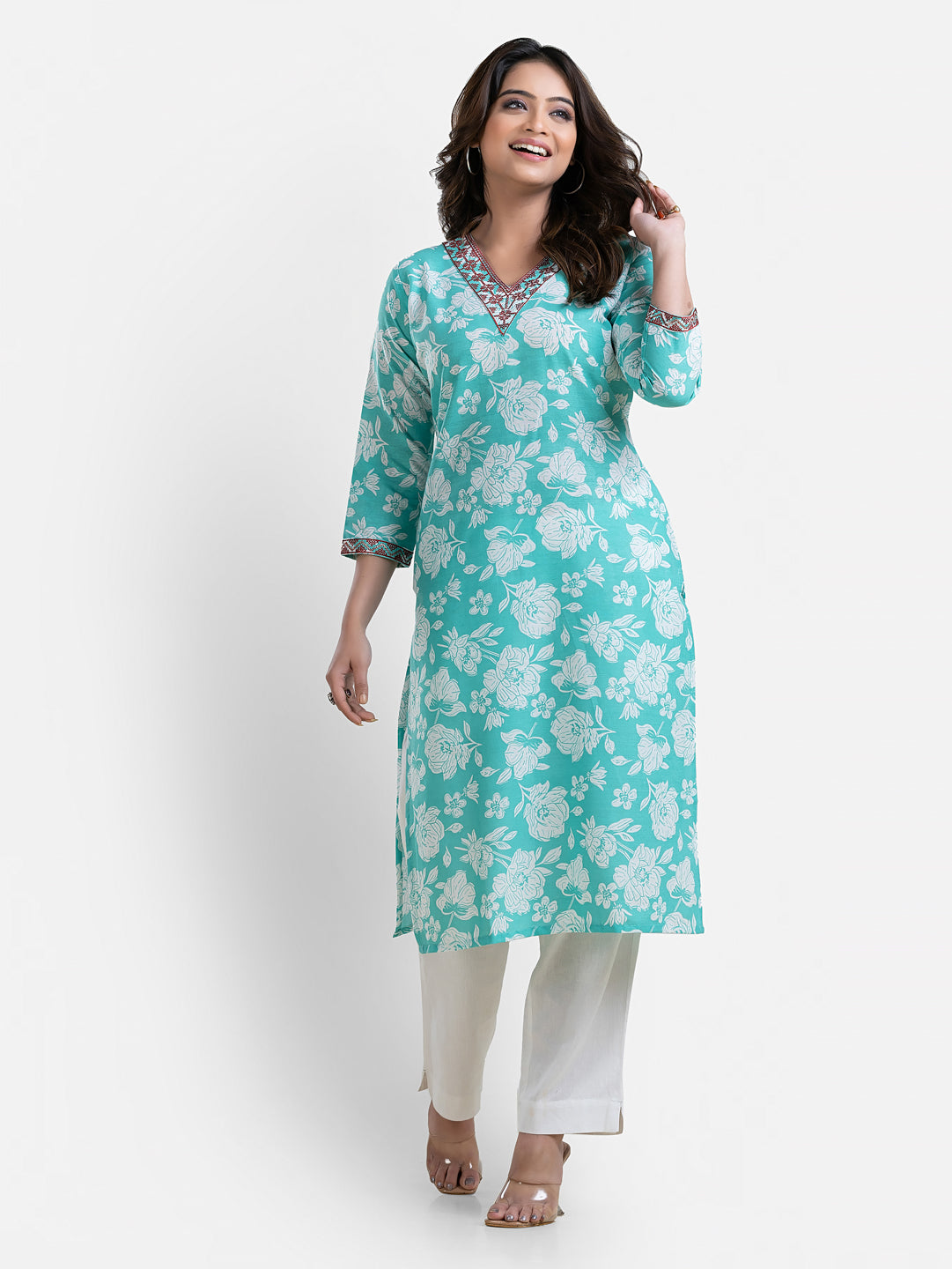 Women's green printed kurti with V-neck neckline, stylish and comfortable, from Crazy Needle Online.