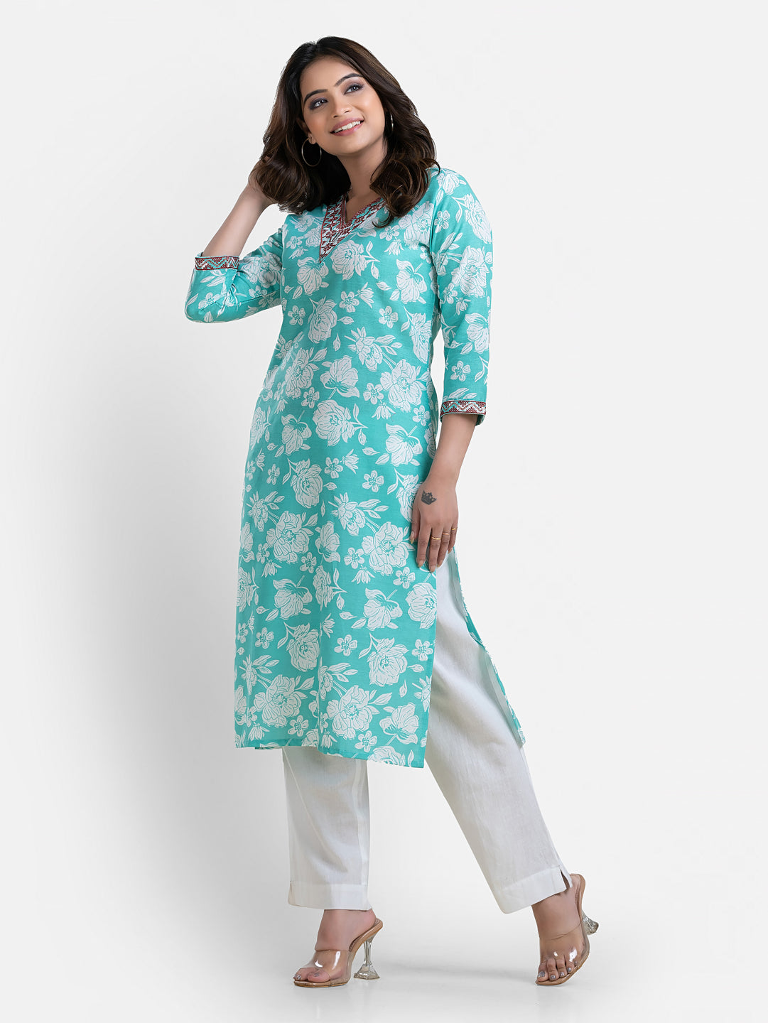 Women's green printed V-neck kurti from Crazy Needle Online, showcasing a stylish V-neck design and vibrant print.