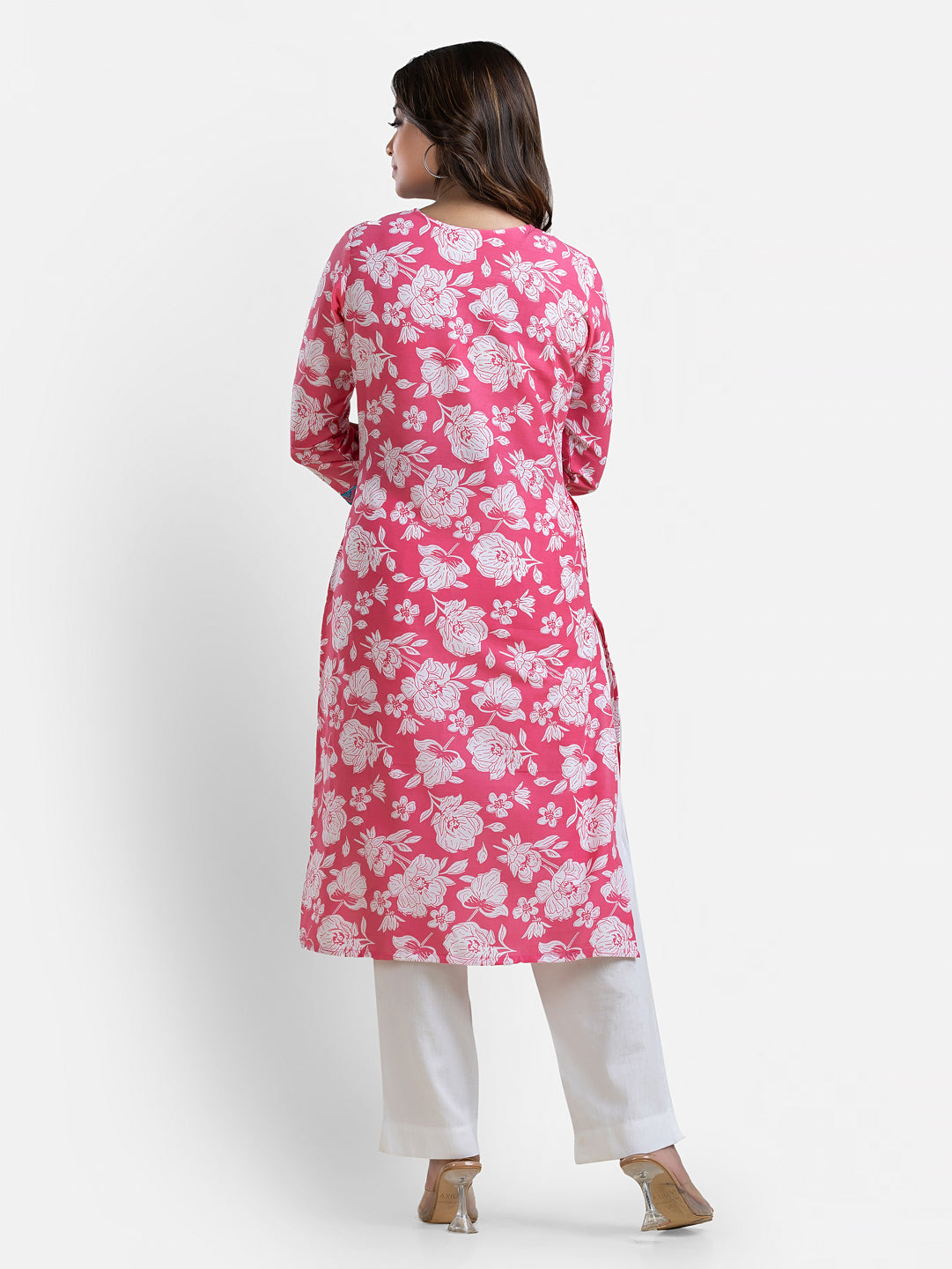 Pink printed women's kurti with V-neck design from Crazy Needle Online, featuring floral patterns and lightweight fabric.