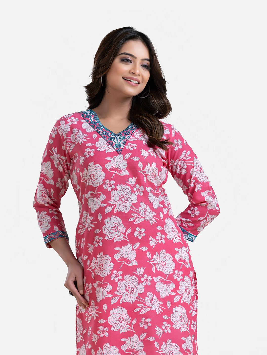 Pink printed women's kurti with V-neck design from Crazy Needle Online, featuring a stylish and comfortable fit.
