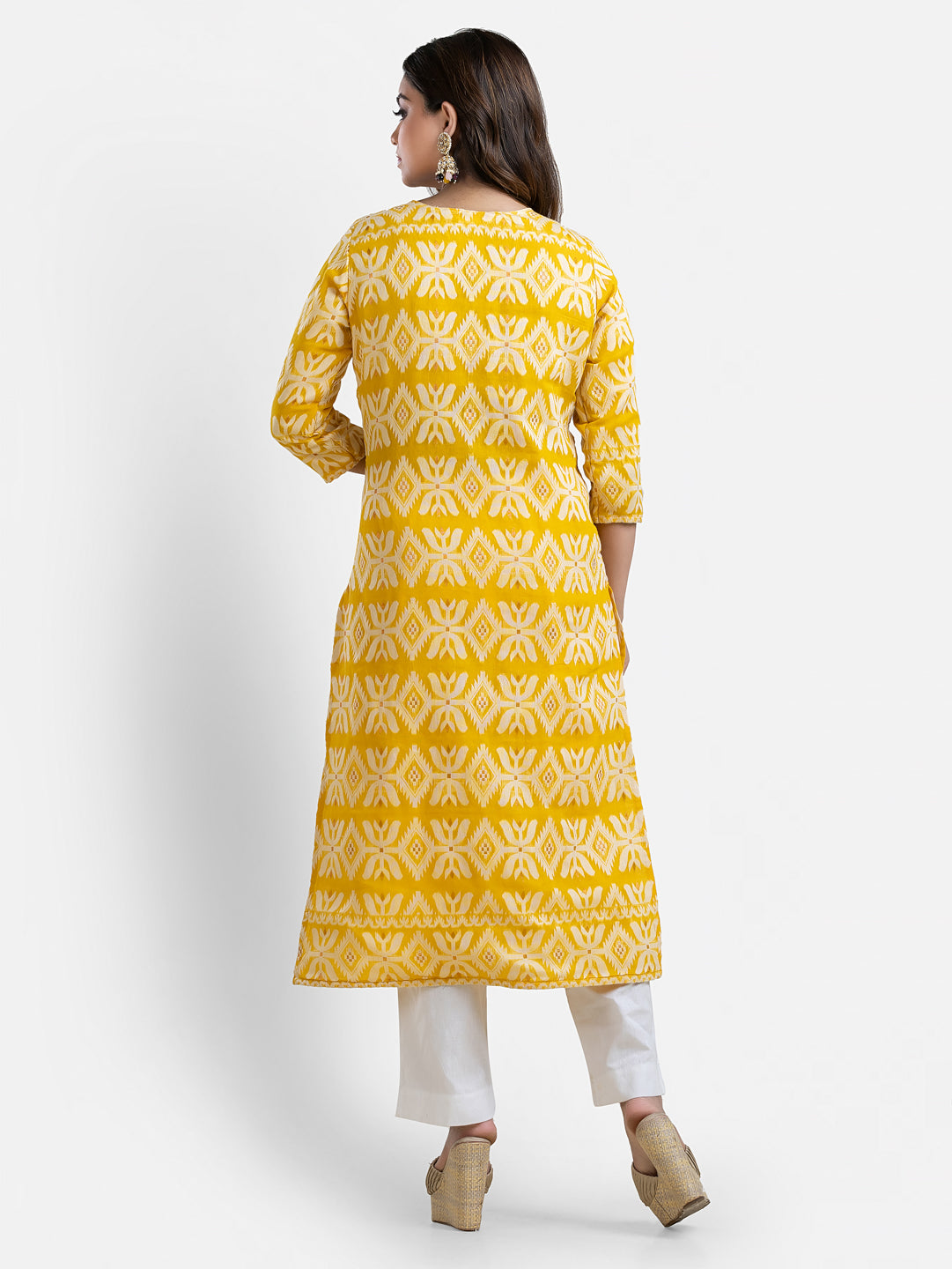 Yellow Jamdani print women's kurti with matching dupatta, casual Indian ethnic wear by Crazy Needle Online.
