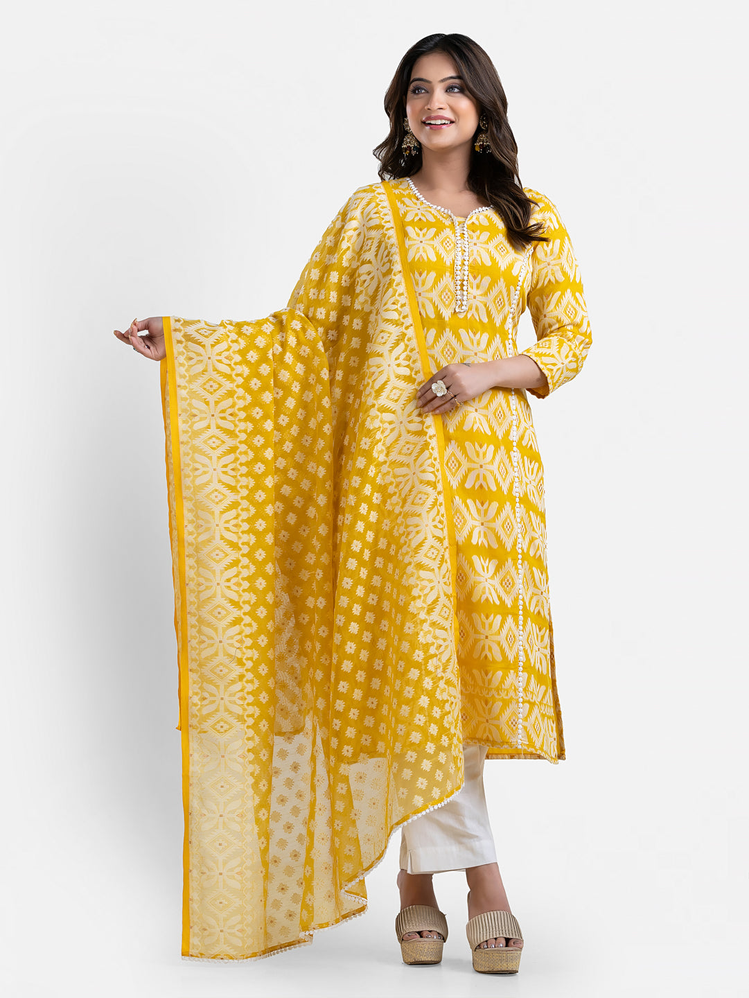 Yellow Jamdani print women's kurti with matching dupatta, stylish ethnic wear by Crazy Needle Online.