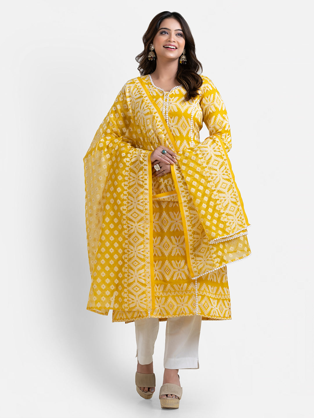 Yellow women's Jamdani print kurti with matching dupatta, traditional Indian attire by Crazy Needle Online.