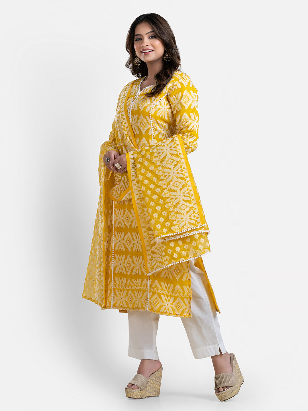 Yellow women's Jamdani print kurti with matching dupatta, stylish and comfortable from Crazy Needle Online.